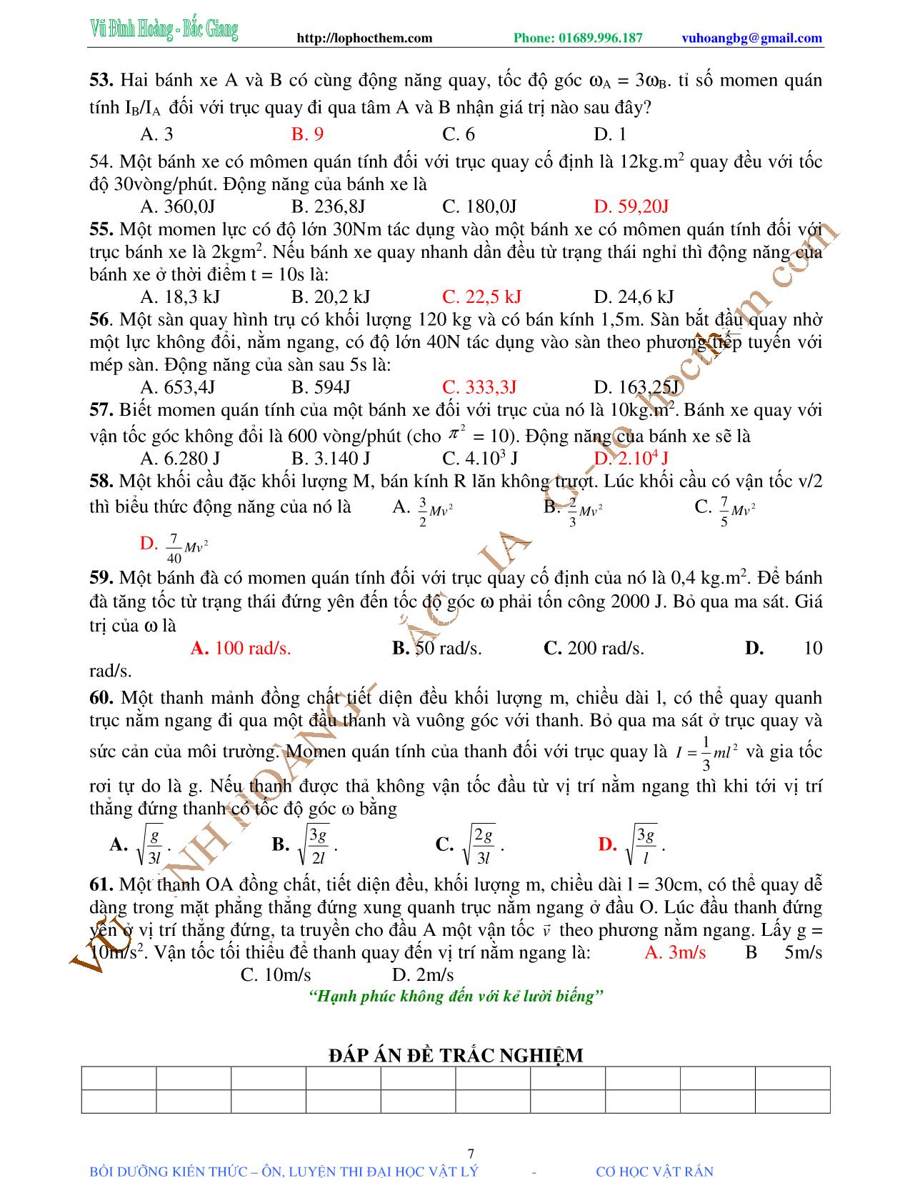 Tài liệu luyện thi THPT Quốc gia môn Vật lý - Chương 1, Chủ đề 4: Động năng của vật rắn quay - Vũ Đình Hoàng trang 7
