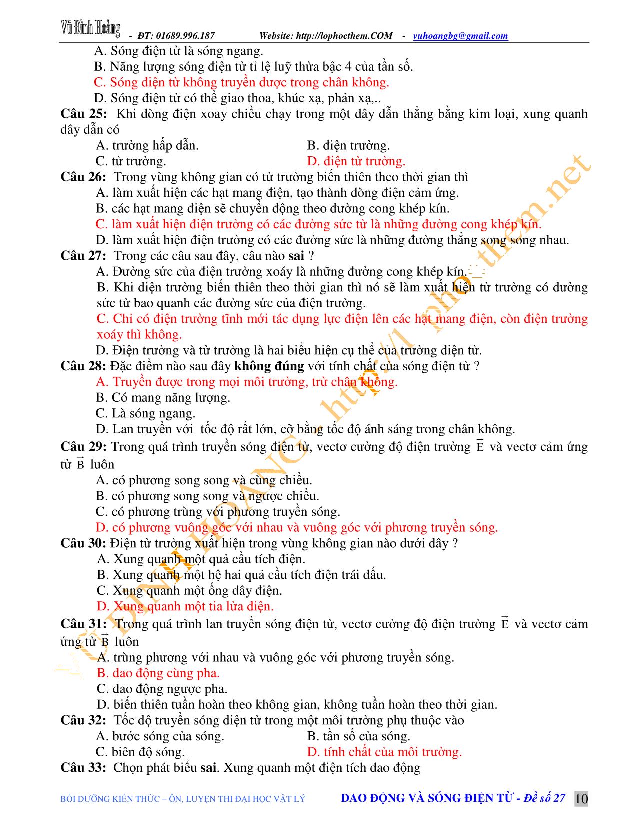 Tài liệu luyện thi THPT Quốc gia môn Vật lý - Chủ đề 2: Điện từ trường. Sóng điện từ. Truyền thông - Vũ Đình Hoàng trang 10