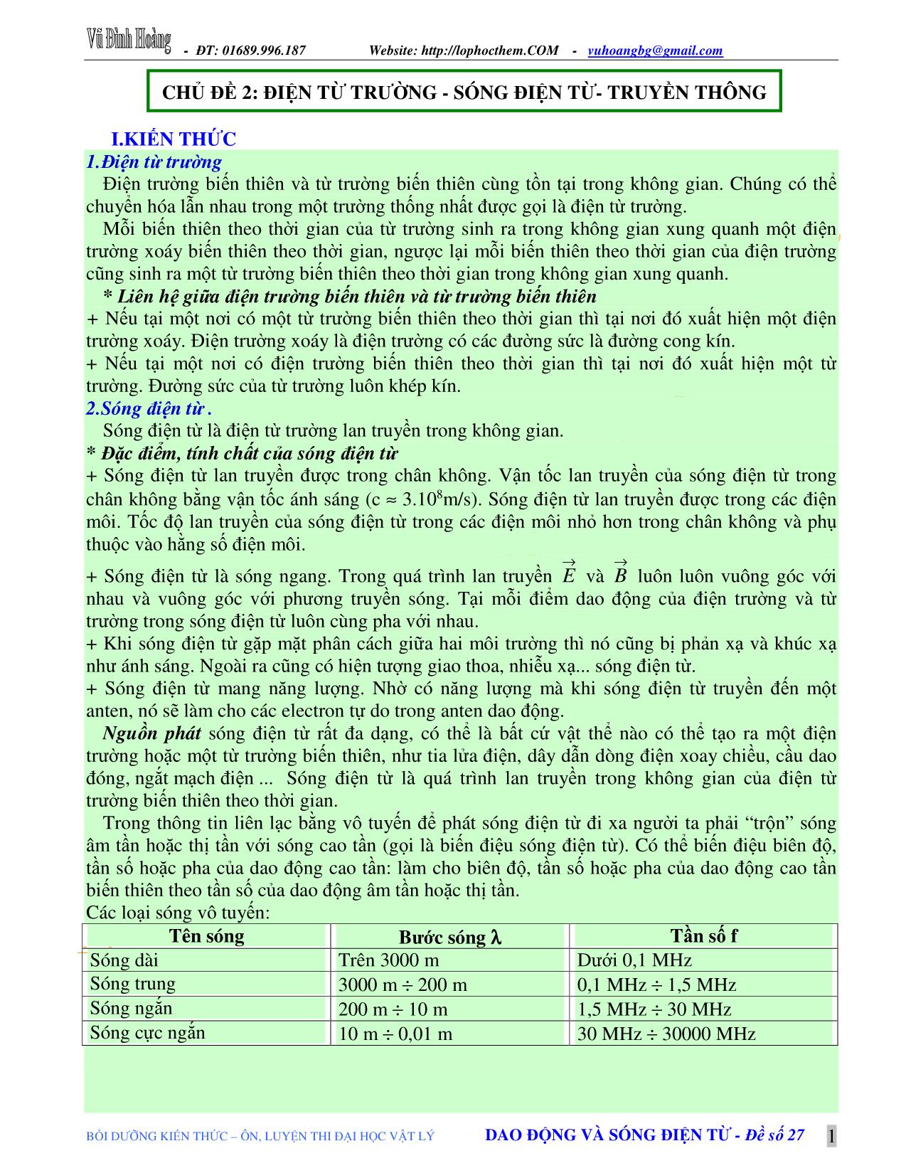 Tài liệu luyện thi THPT Quốc gia môn Vật lý - Chủ đề 2: Điện từ trường. Sóng điện từ. Truyền thông - Vũ Đình Hoàng trang 1
