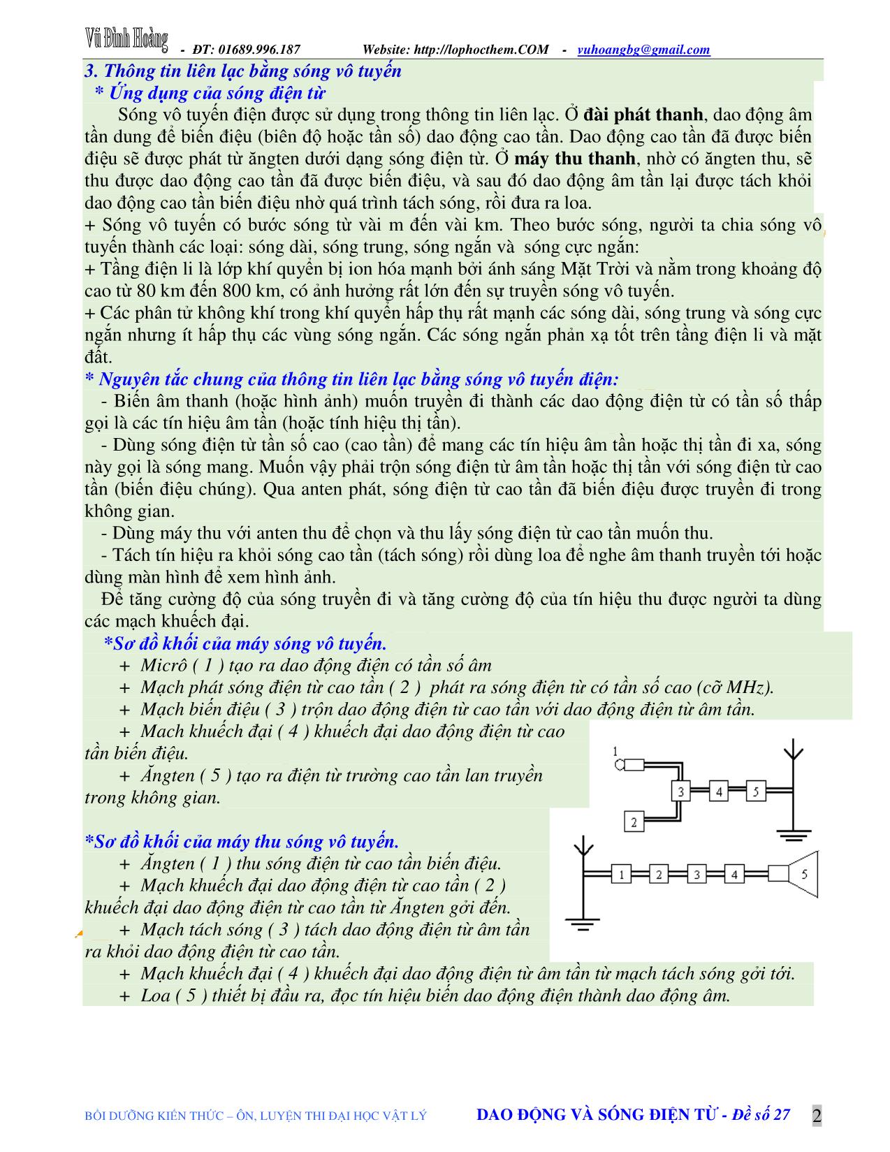 Tài liệu luyện thi THPT Quốc gia môn Vật lý - Chủ đề 2: Điện từ trường. Sóng điện từ. Truyền thông - Vũ Đình Hoàng trang 2