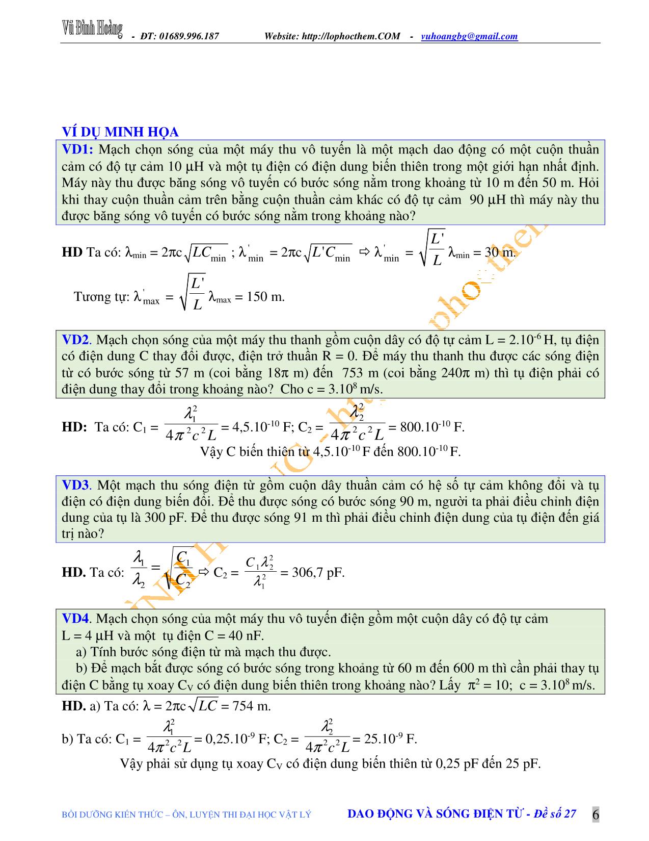 Tài liệu luyện thi THPT Quốc gia môn Vật lý - Chủ đề 2: Điện từ trường. Sóng điện từ. Truyền thông - Vũ Đình Hoàng trang 6