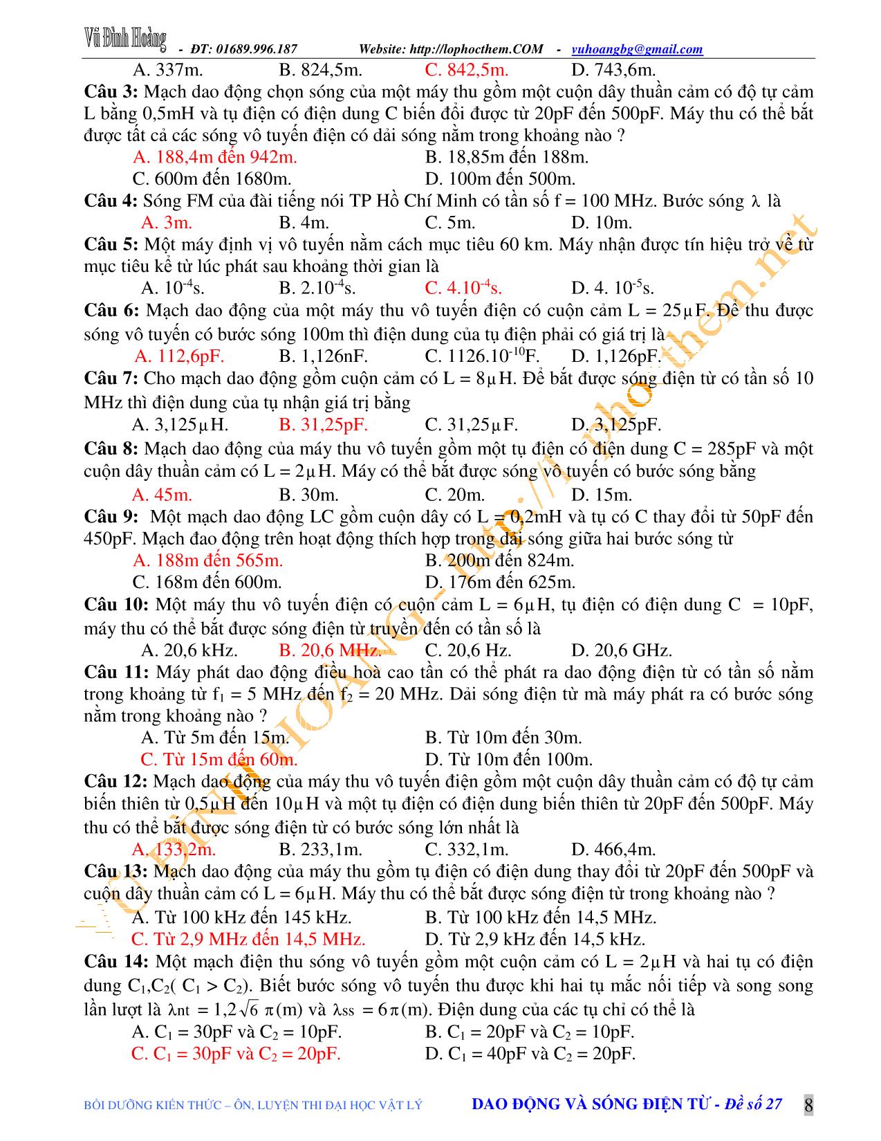 Tài liệu luyện thi THPT Quốc gia môn Vật lý - Chủ đề 2: Điện từ trường. Sóng điện từ. Truyền thông - Vũ Đình Hoàng trang 8