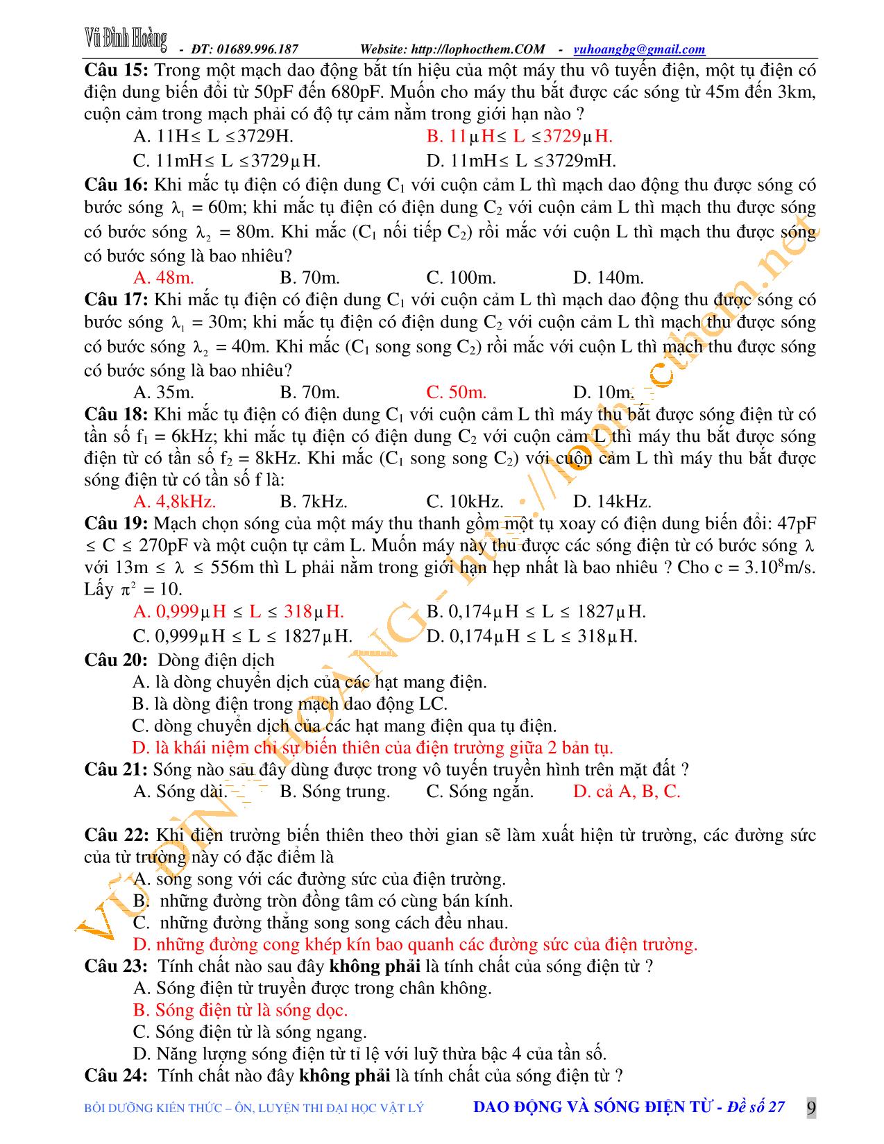 Tài liệu luyện thi THPT Quốc gia môn Vật lý - Chủ đề 2: Điện từ trường. Sóng điện từ. Truyền thông - Vũ Đình Hoàng trang 9