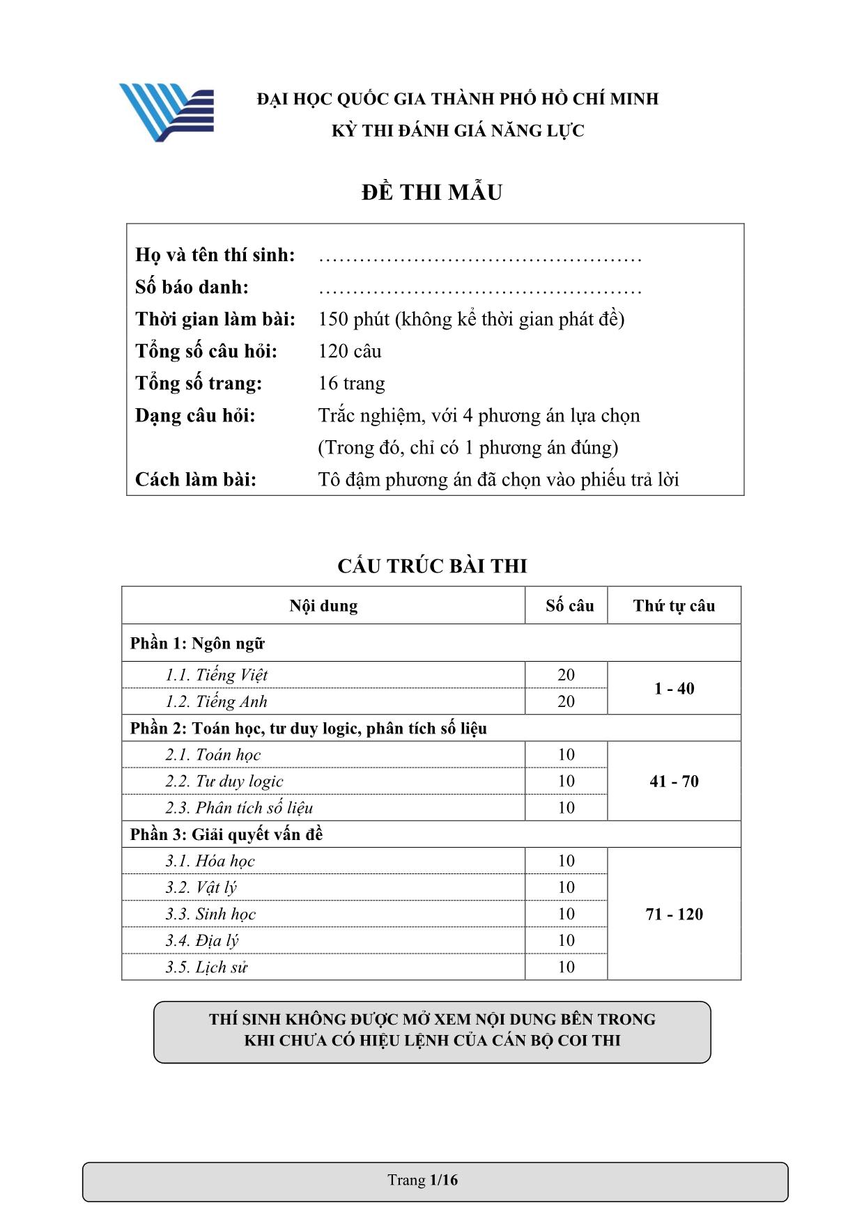 Đề thi mẫu Kỳ thi đánh giá năng lực Đại học Quốc gia thành phố Hồ Chí Minh trang 1