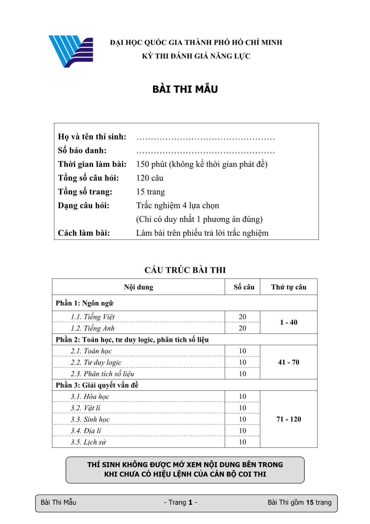 Đề thi mẫu Kỳ thi đánh giá năng lực Đại học Quốc gia thành phố Hồ Chí Minh năm 2018 trang 1