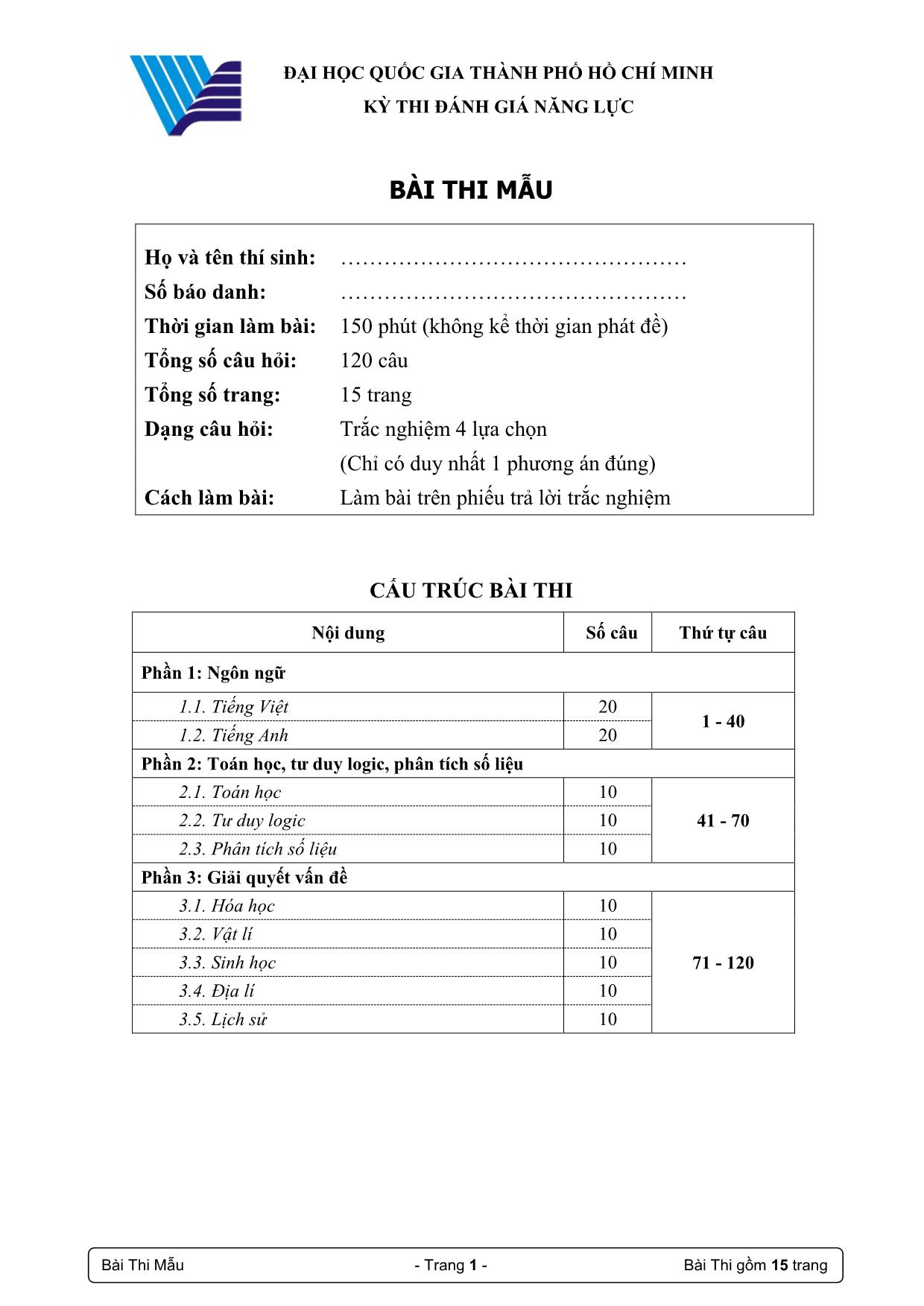 Đề thi mẫu Kỳ thi đánh giá năng lực Đại học Quốc gia thành phố Hồ Chí Minh năm 2019 trang 1