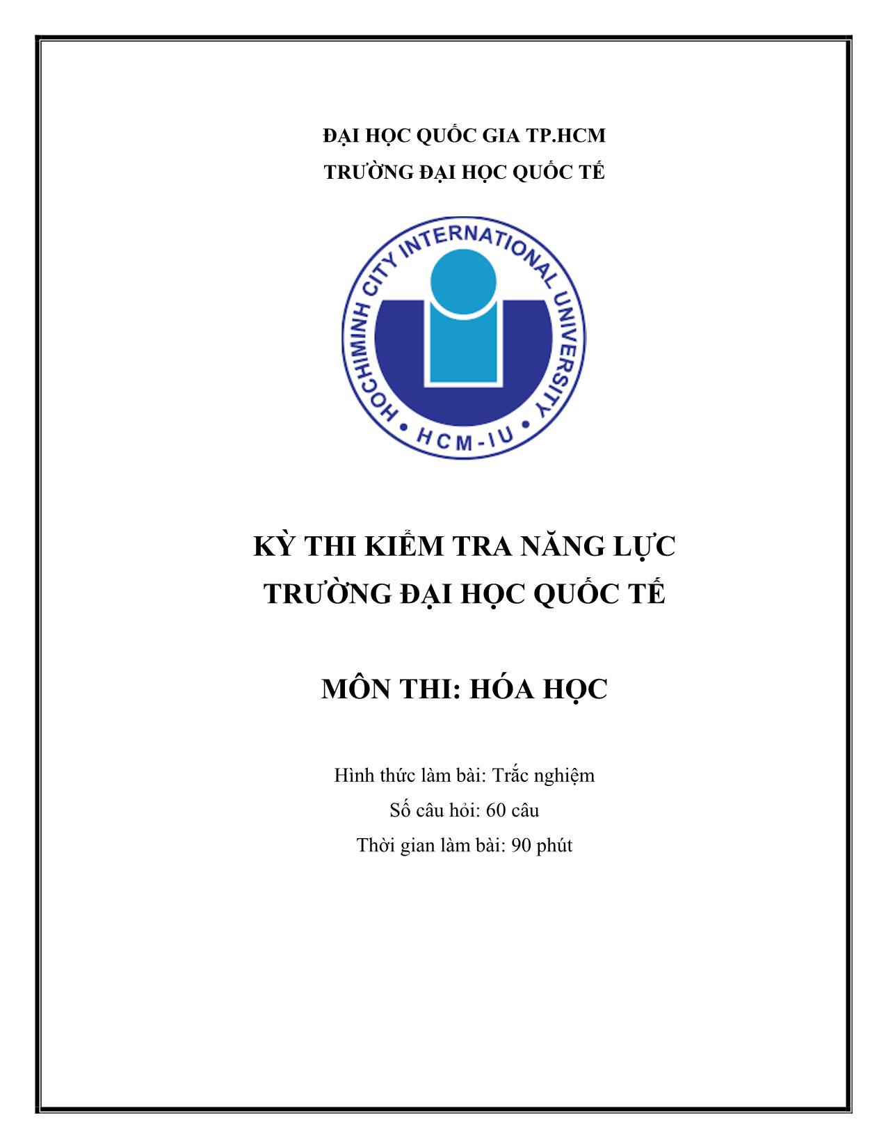 Đề thi mẫu Kỳ thi đánh giá năng lực Đại học Quốc gia thành phố Hồ Chí Minh năm 2019 - Môn Hóa học trang 1