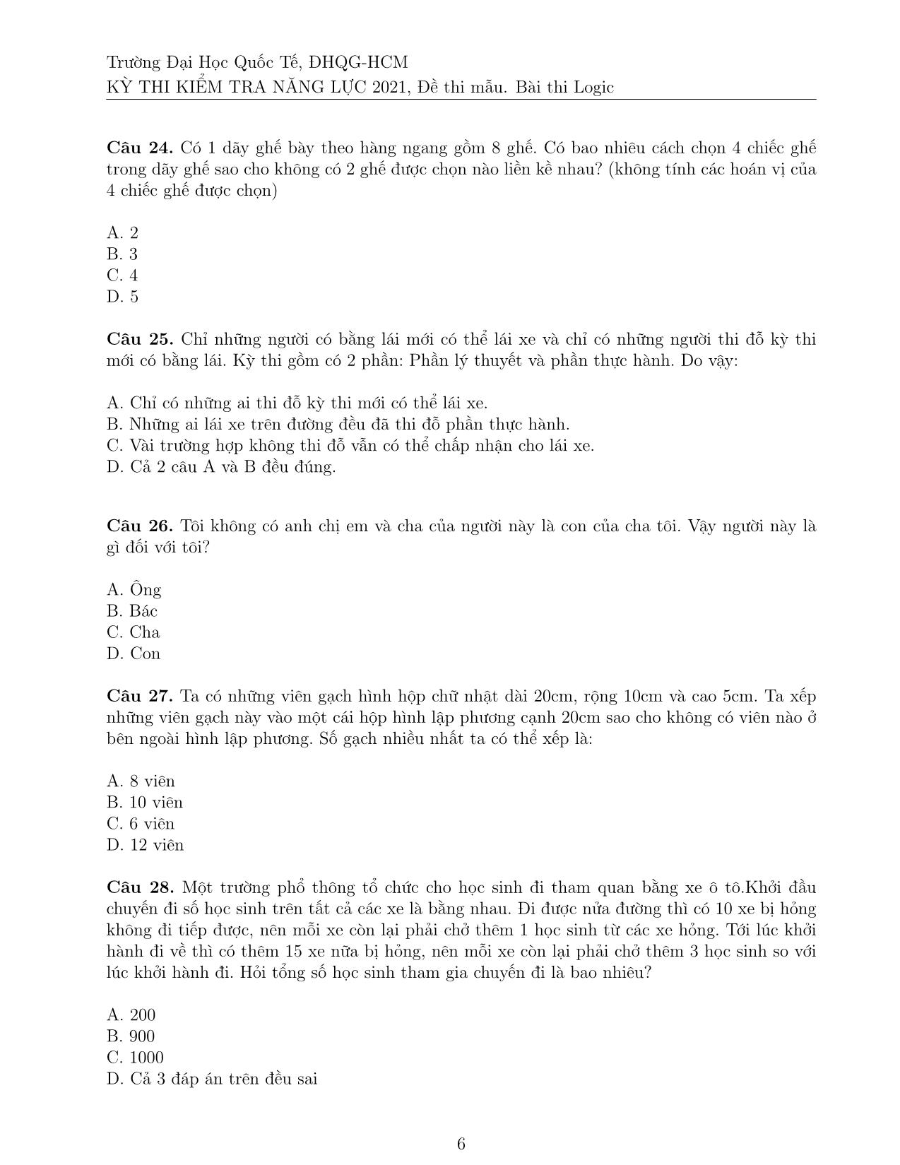 Đề thi mẫu Kỳ thi đánh giá năng lực Đại học Quốc gia thành phố Hồ Chí Minh năm 2021 - Bài thi Logic trang 10