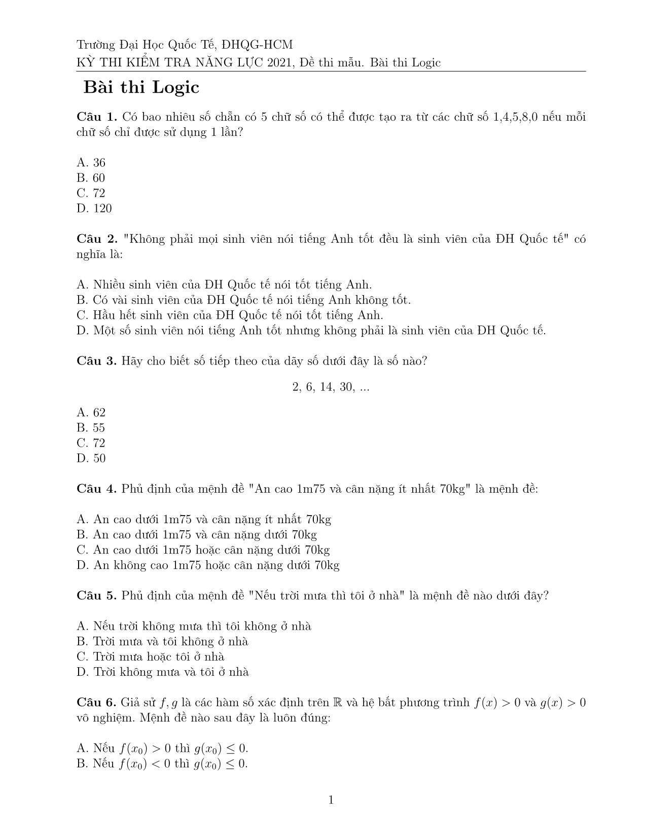 Đề thi mẫu Kỳ thi đánh giá năng lực Đại học Quốc gia thành phố Hồ Chí Minh năm 2021 - Bài thi Logic trang 5