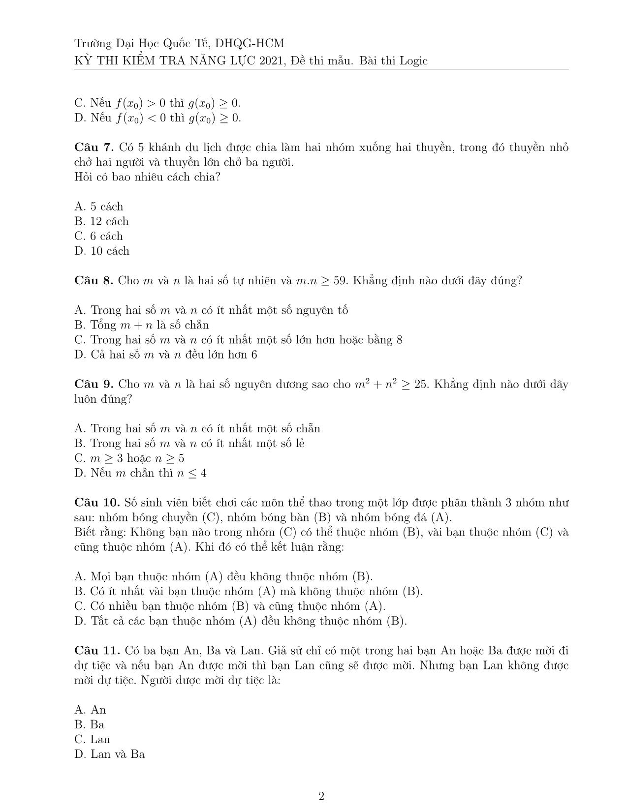 Đề thi mẫu Kỳ thi đánh giá năng lực Đại học Quốc gia thành phố Hồ Chí Minh năm 2021 - Bài thi Logic trang 6