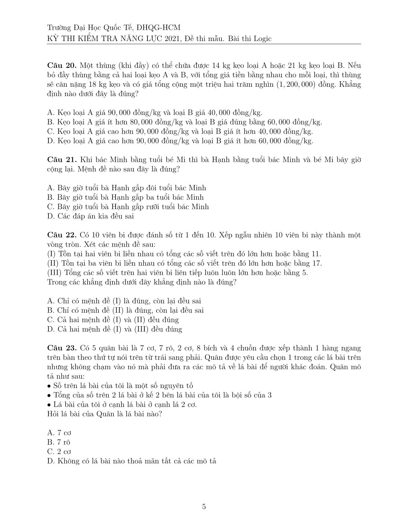 Đề thi mẫu Kỳ thi đánh giá năng lực Đại học Quốc gia thành phố Hồ Chí Minh năm 2021 - Bài thi Logic trang 9