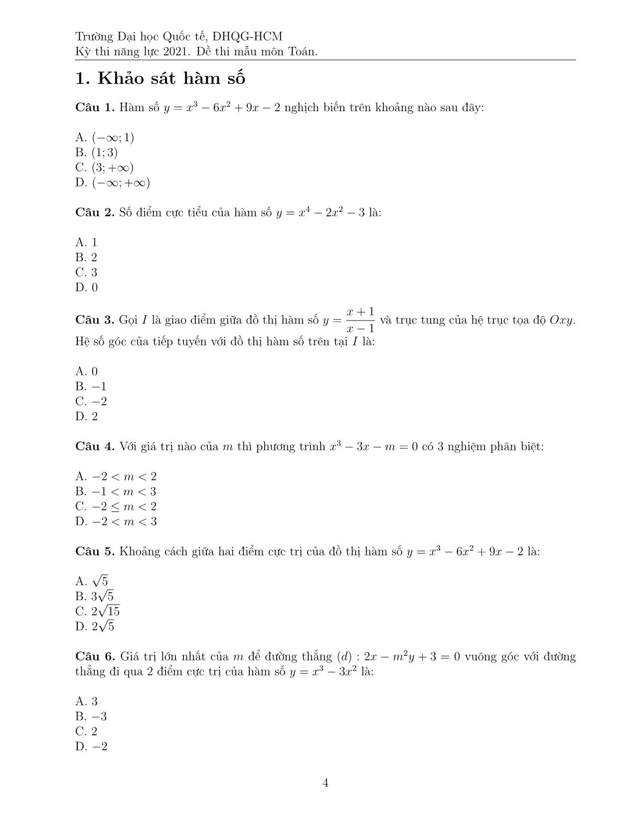 Đề thi mẫu Kỳ thi đánh giá năng lực Đại học Quốc gia thành phố Hồ Chí Minh năm 2021 - Bài thi Toán trang 5