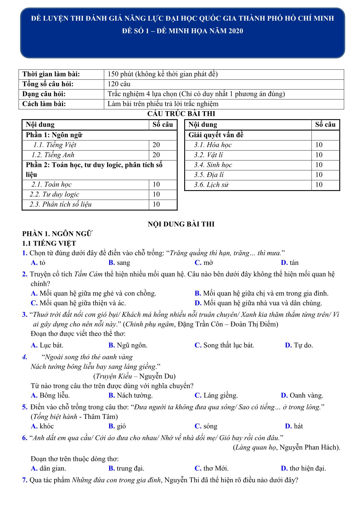 Đề luyện thi đánh giá năng lực Đại học Quốc gia thành phố Hồ Chí Minh năm 2020 - Đề số 1 (Có đáp án) trang 1