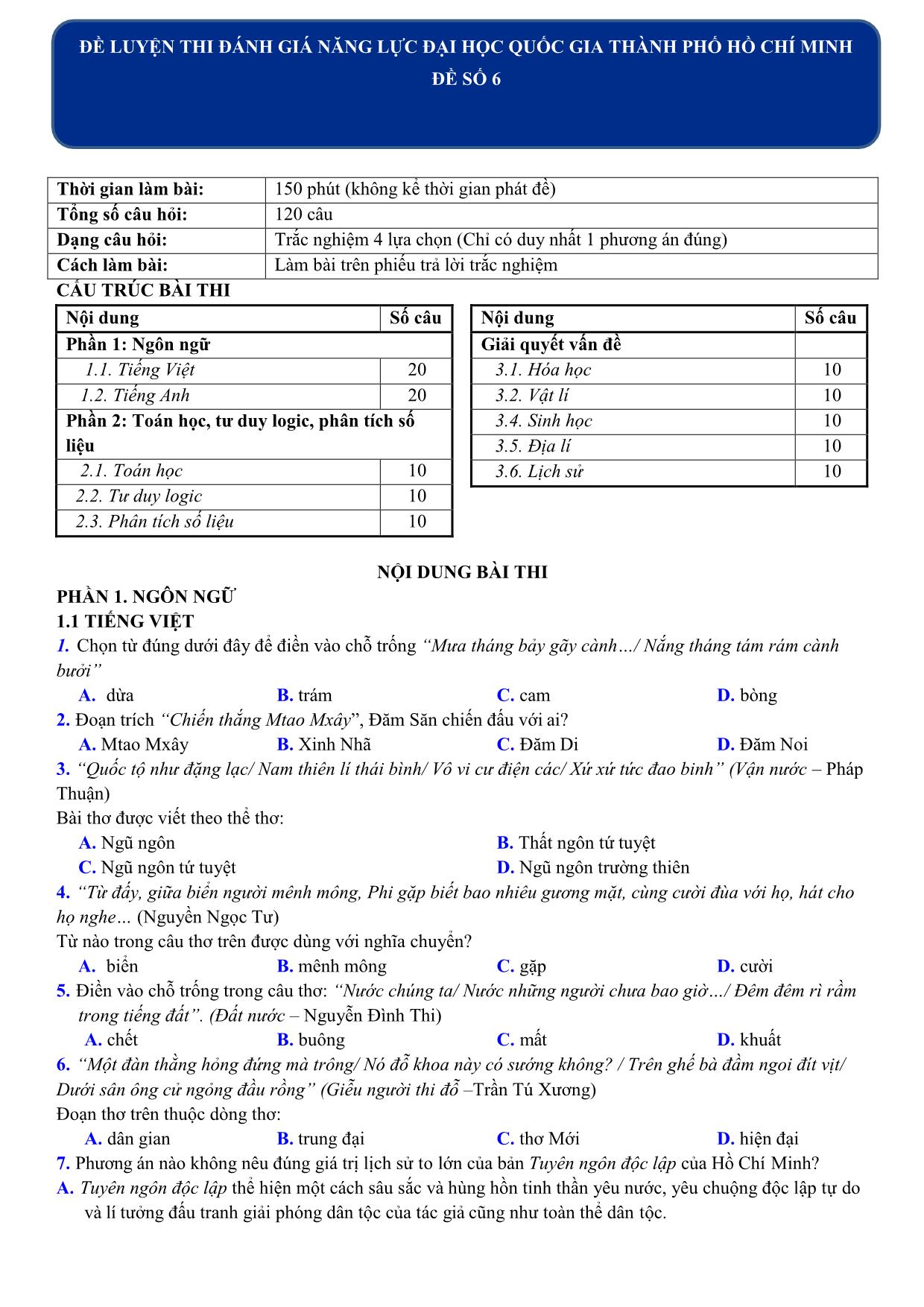 Đề luyện thi đánh giá năng lực Đại học Quốc gia thành phố Hồ Chí Minh năm 2020 - Đề số 6 (Có đáp án) trang 1