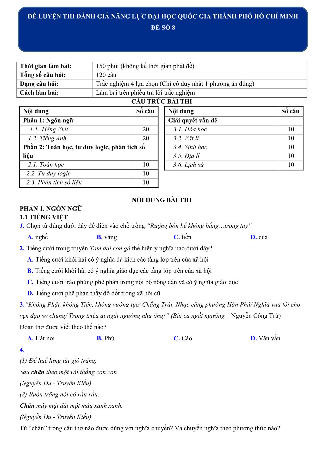 Đề luyện thi đánh giá năng lực Đại học Quốc gia thành phố Hồ Chí Minh năm 2020 - Đề số 8 (Có đáp án) trang 1