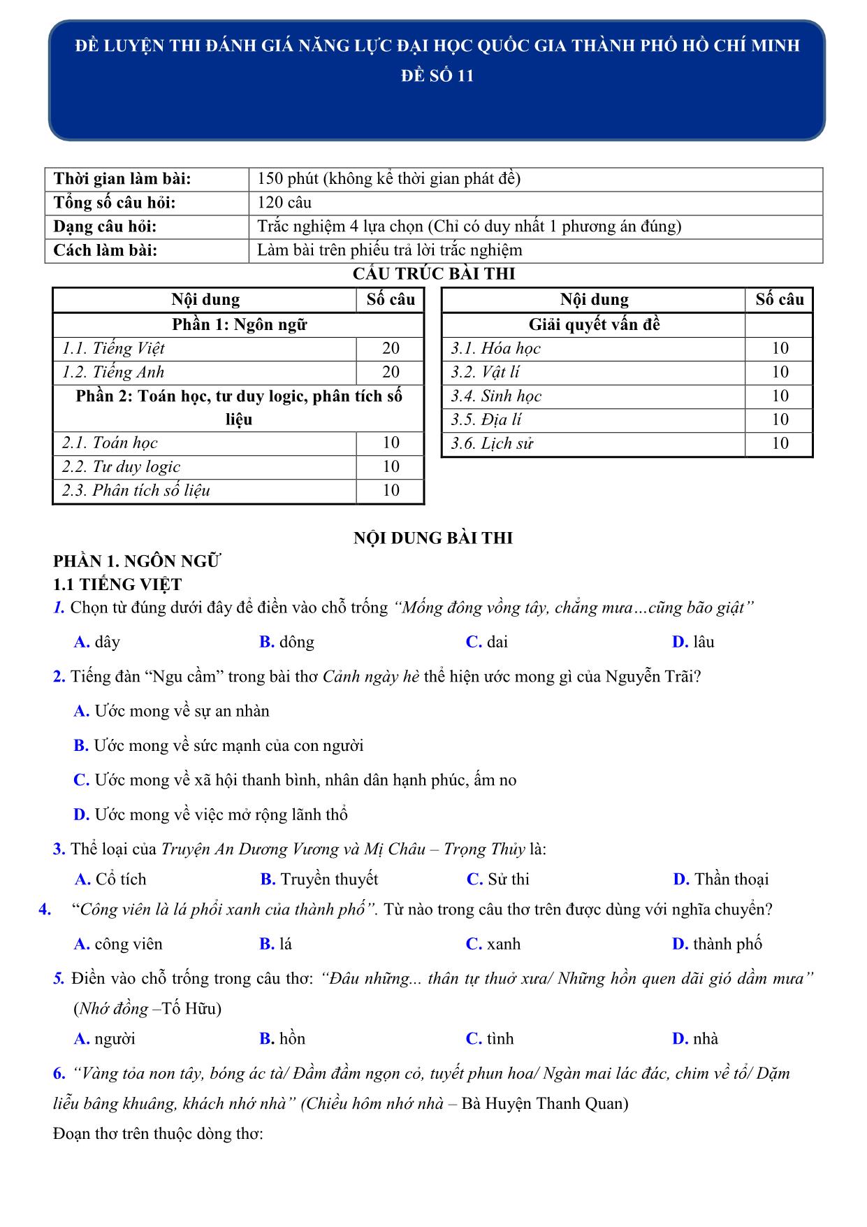 Đề luyện thi đánh giá năng lực Đại học Quốc gia thành phố Hồ Chí Minh năm 2020 - Đề số 11 (Có đáp án) trang 1