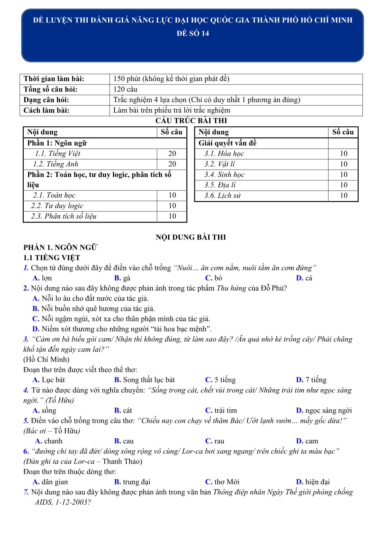 Đề luyện thi đánh giá năng lực Đại học Quốc gia thành phố Hồ Chí Minh năm 2020 - Đề số 14 (Có đáp án) trang 1