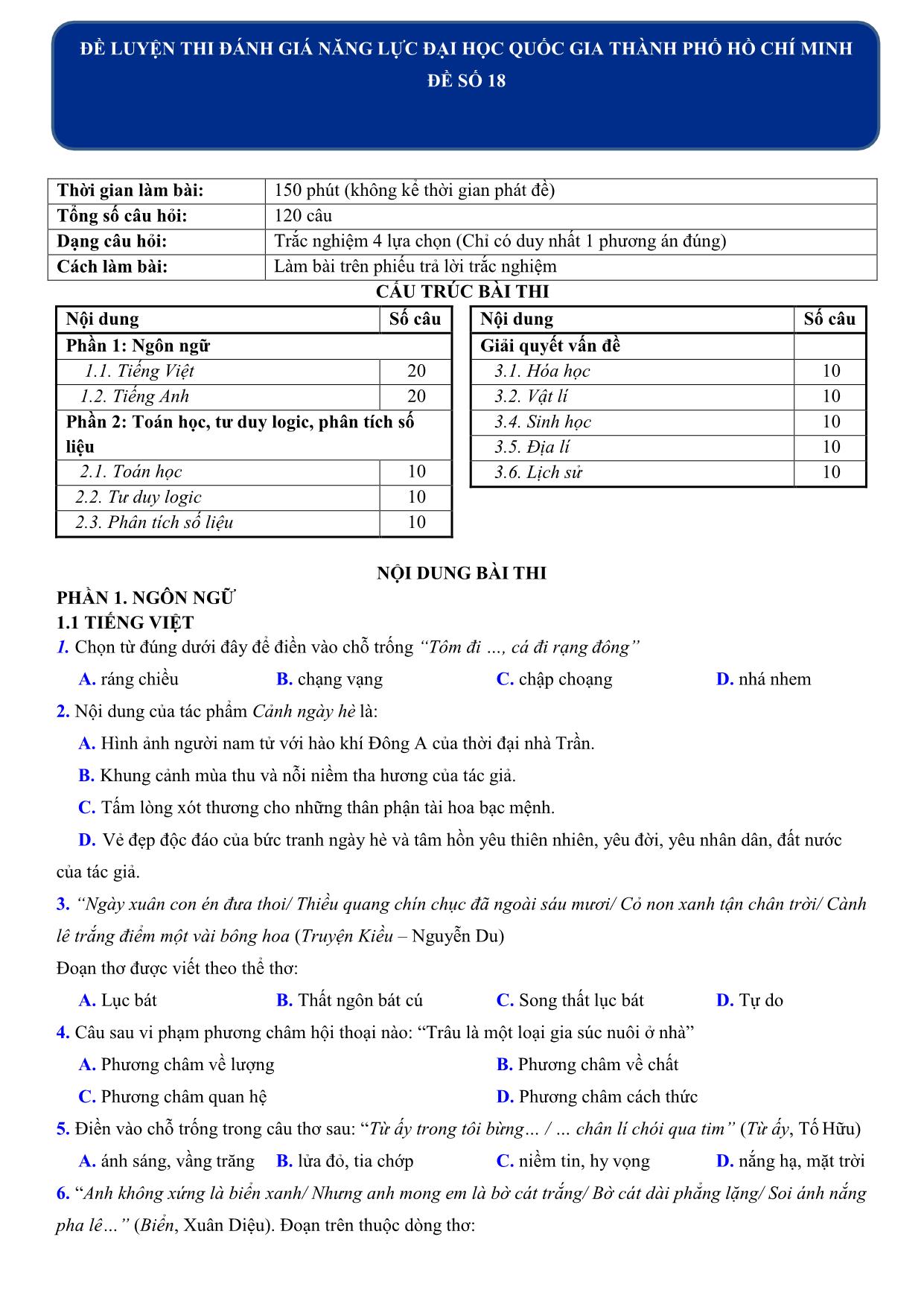 Đề luyện thi đánh giá năng lực Đại học Quốc gia thành phố Hồ Chí Minh năm 2020 - Đề số 18 (Có đáp án) trang 1