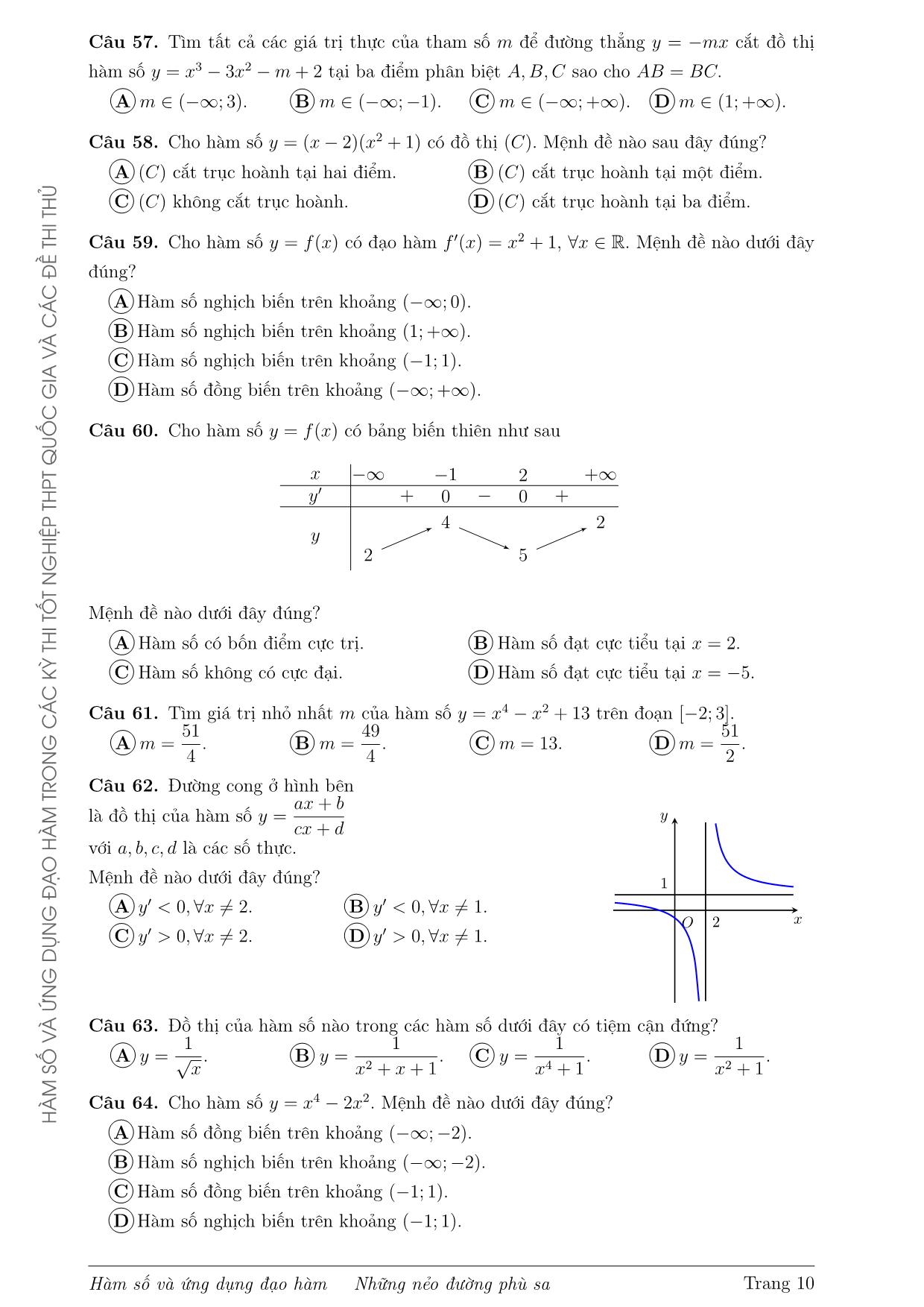 Tài liệu Hàm số và ứng dụng đạo hàm trong các đề thi Tốt nghiệp Trung phổ thông Quốc gia và các đề thi thử từ năm 2017 đến 2020 trang 10