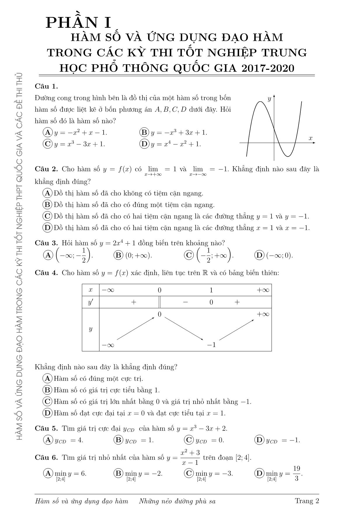 Tài liệu Hàm số và ứng dụng đạo hàm trong các đề thi Tốt nghiệp Trung phổ thông Quốc gia và các đề thi thử từ năm 2017 đến 2020 trang 2