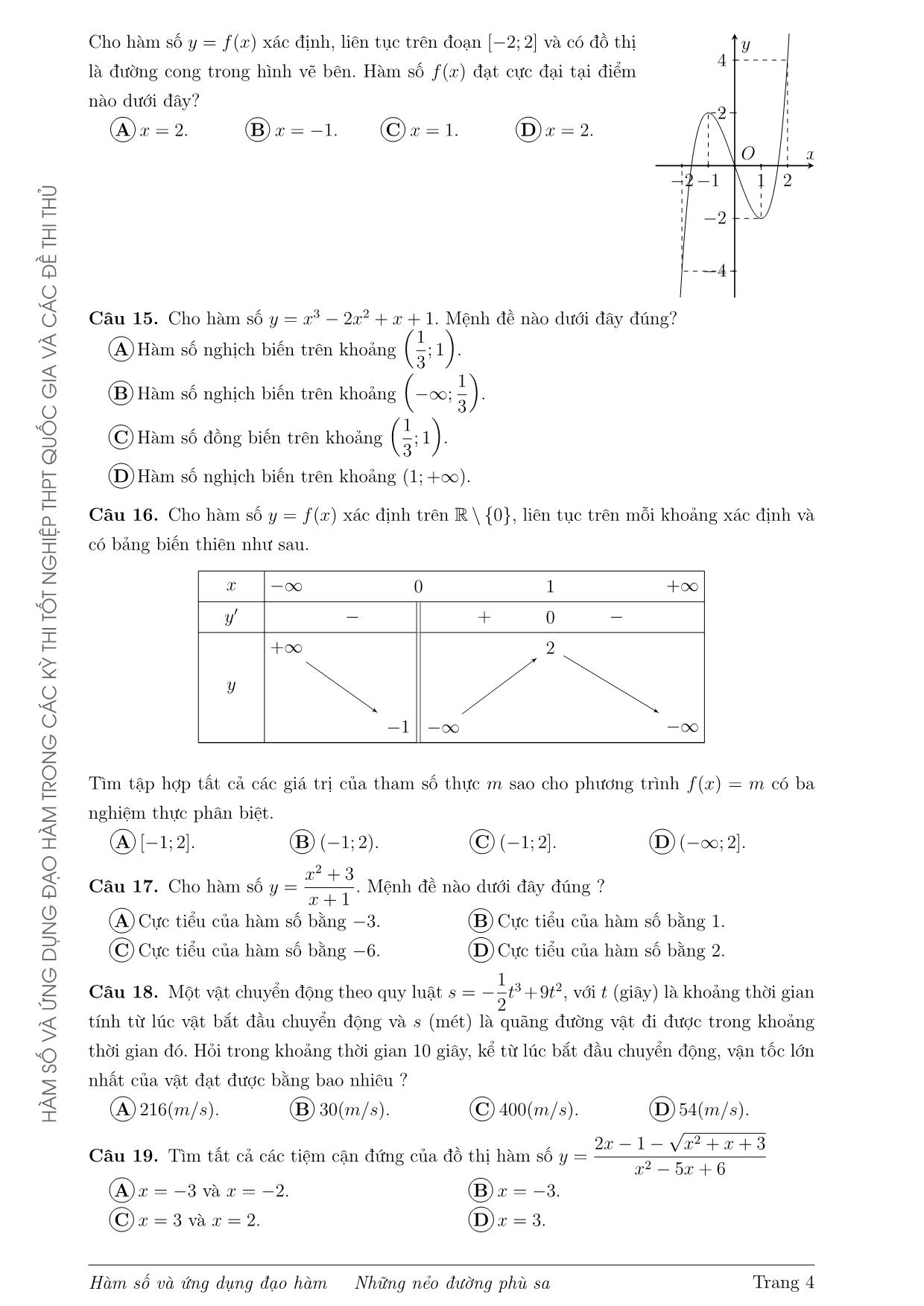 Tài liệu Hàm số và ứng dụng đạo hàm trong các đề thi Tốt nghiệp Trung phổ thông Quốc gia và các đề thi thử từ năm 2017 đến 2020 trang 4