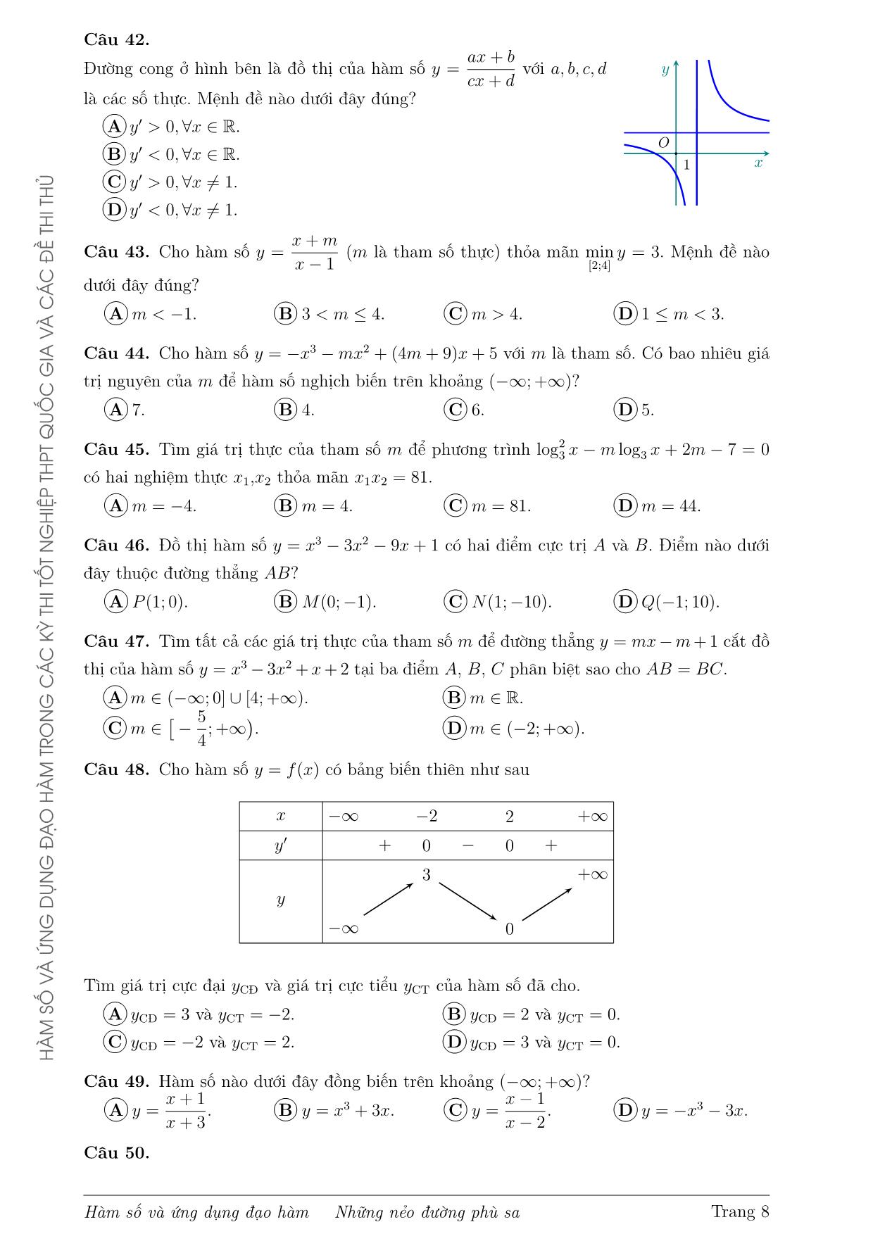 Tài liệu Hàm số và ứng dụng đạo hàm trong các đề thi Tốt nghiệp Trung phổ thông Quốc gia và các đề thi thử từ năm 2017 đến 2020 trang 8