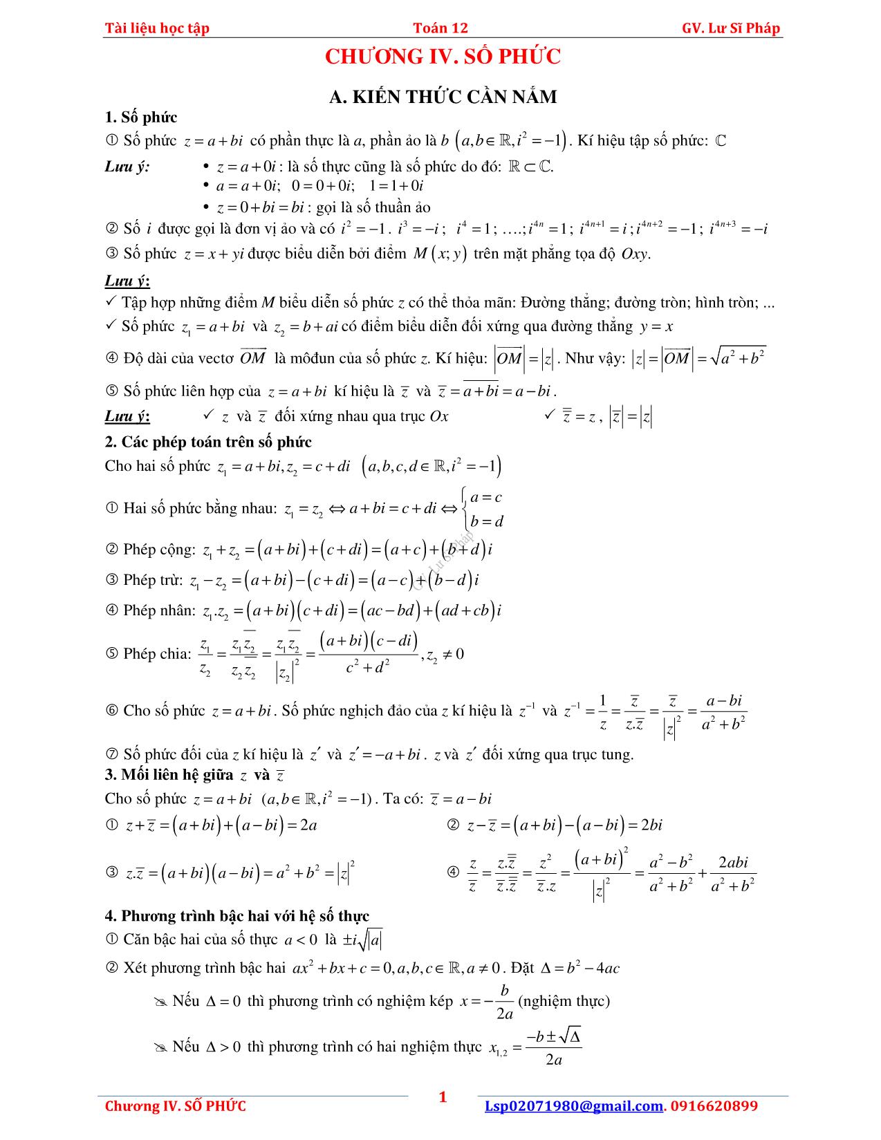 Lý thuyết và bài tập Giải tích 12 - Chương IV: Số phức - Lư Sĩ Pháp trang 4