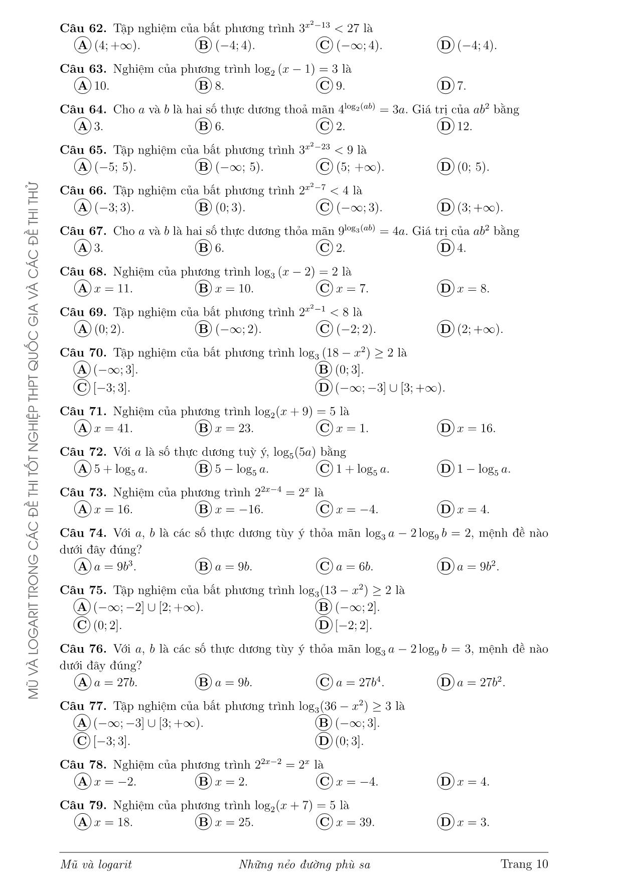 Tài liệu Mũ và logarit trong các đề thi Tốt nghiệp Trung học phổ thông Quốc gia và các đề thi thử từ năm 2017 đến 2020 trang 10