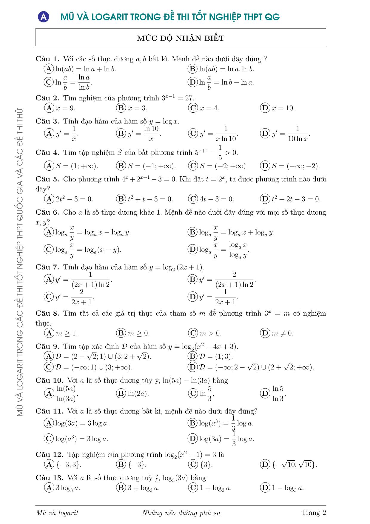 Tài liệu Mũ và logarit trong các đề thi Tốt nghiệp Trung học phổ thông Quốc gia và các đề thi thử từ năm 2017 đến 2020 trang 2
