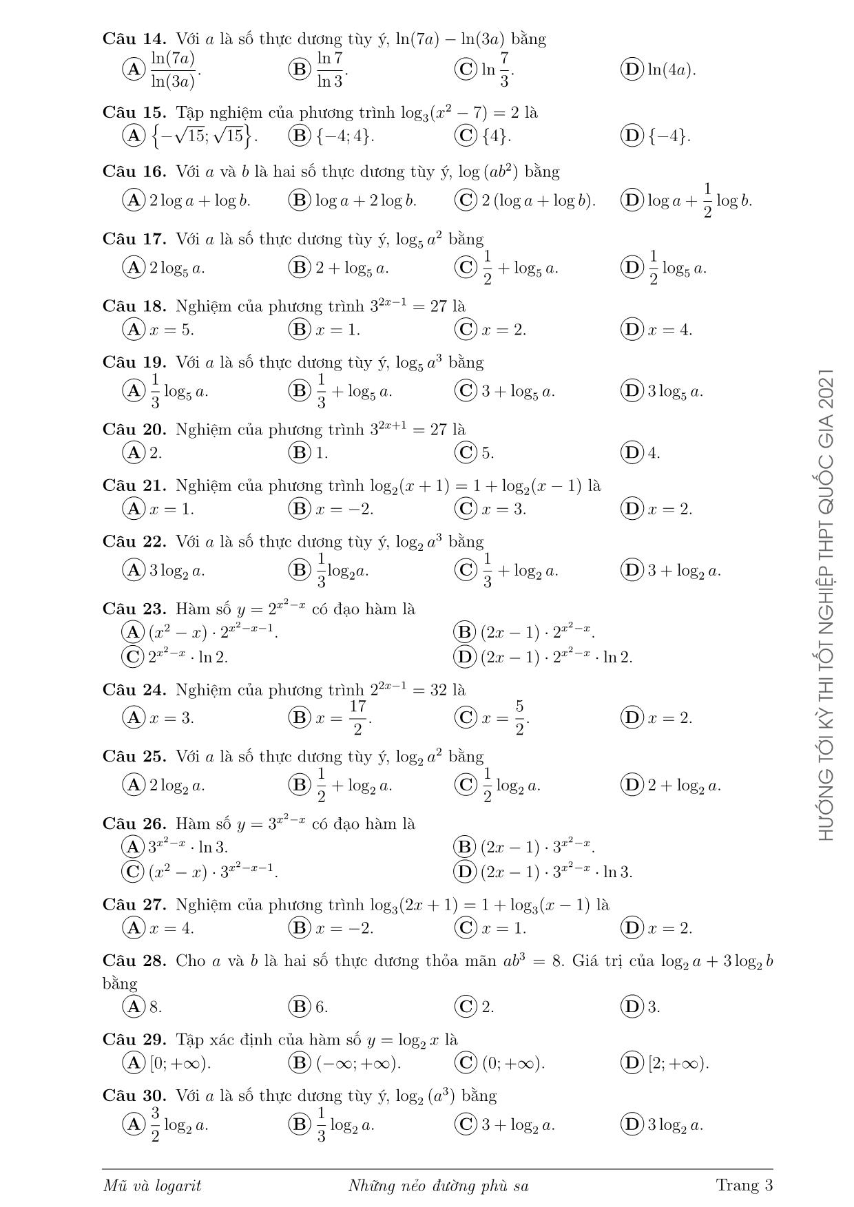 Tài liệu Mũ và logarit trong các đề thi Tốt nghiệp Trung học phổ thông Quốc gia và các đề thi thử từ năm 2017 đến 2020 trang 3