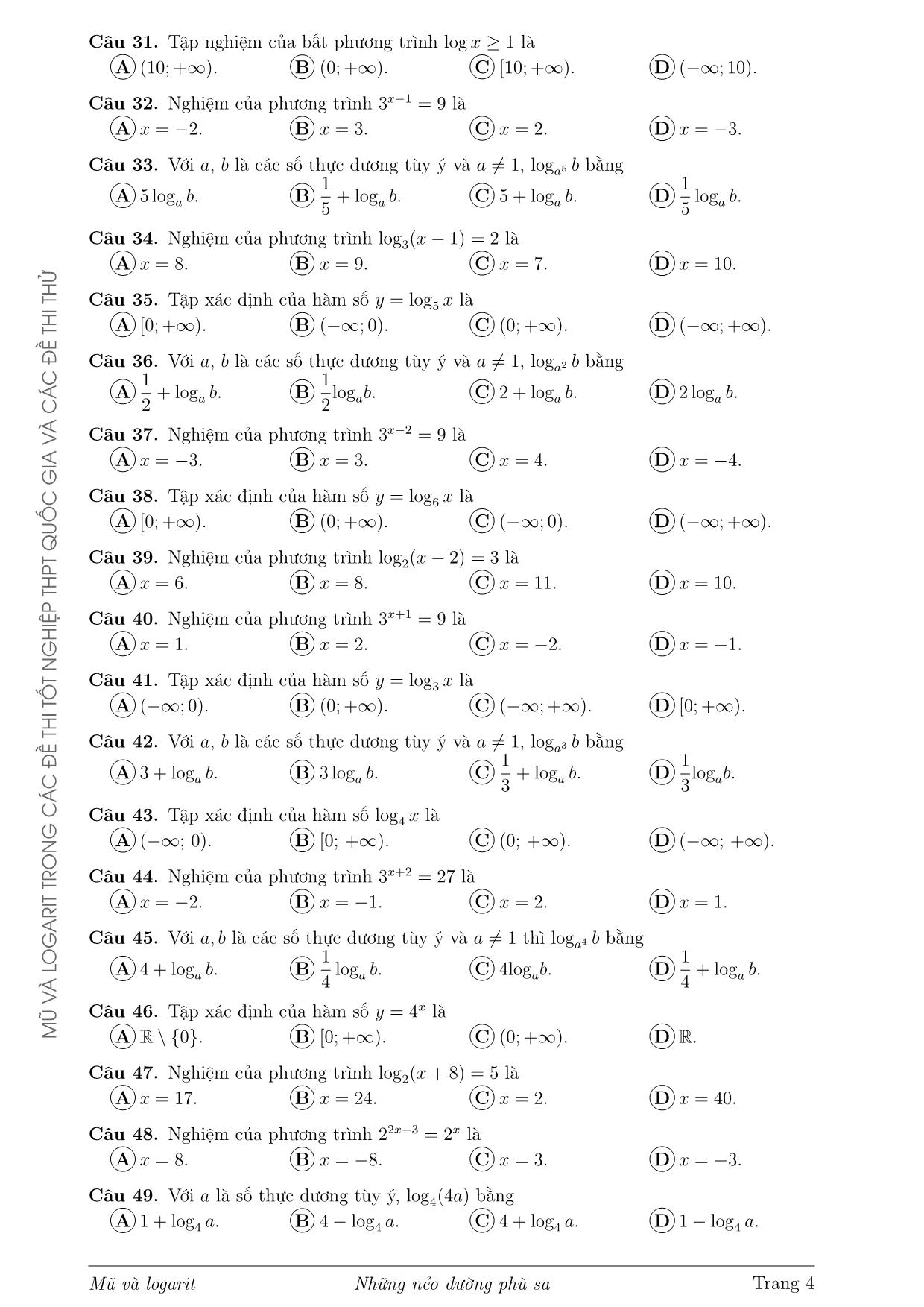 Tài liệu Mũ và logarit trong các đề thi Tốt nghiệp Trung học phổ thông Quốc gia và các đề thi thử từ năm 2017 đến 2020 trang 4