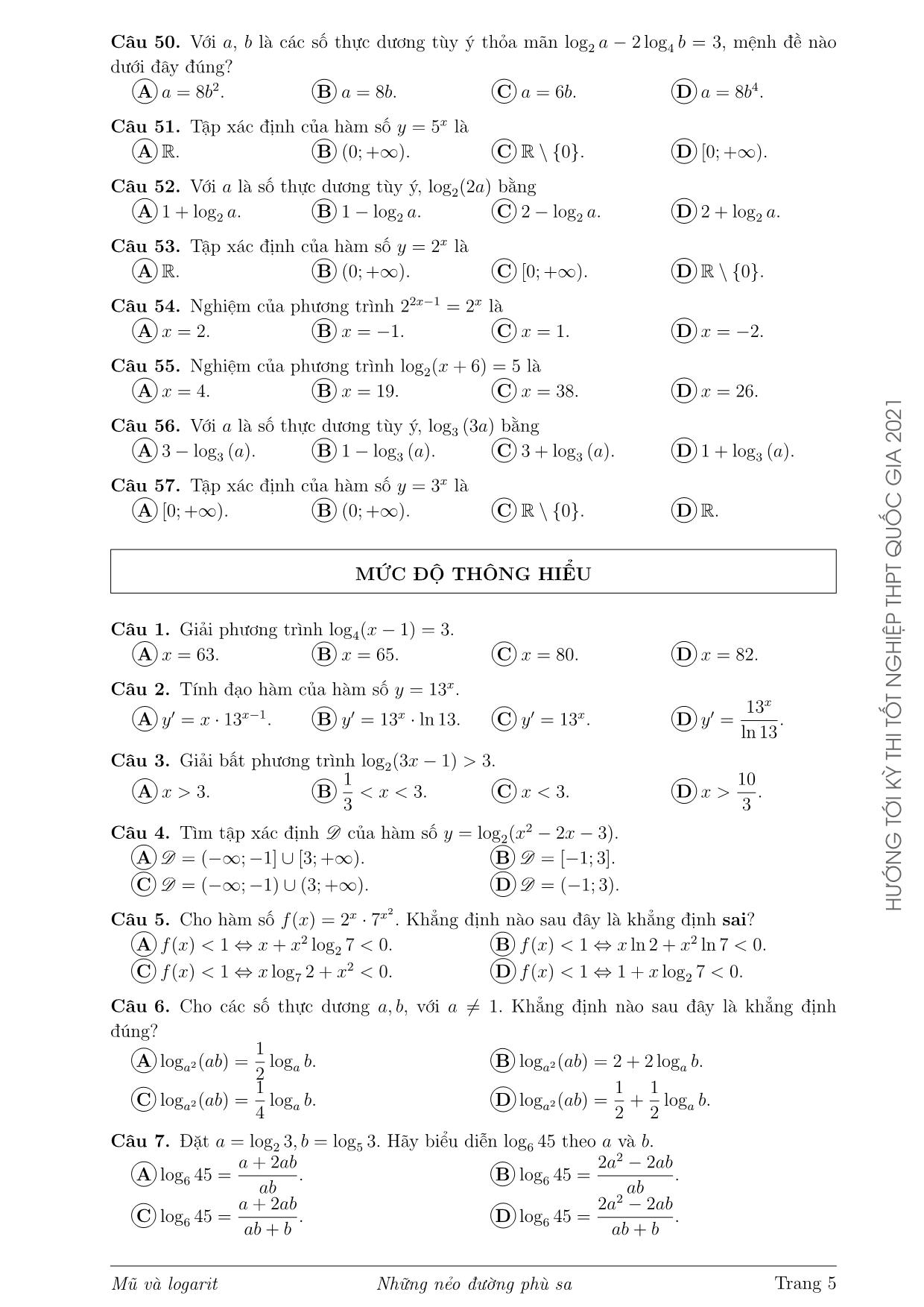 Tài liệu Mũ và logarit trong các đề thi Tốt nghiệp Trung học phổ thông Quốc gia và các đề thi thử từ năm 2017 đến 2020 trang 5