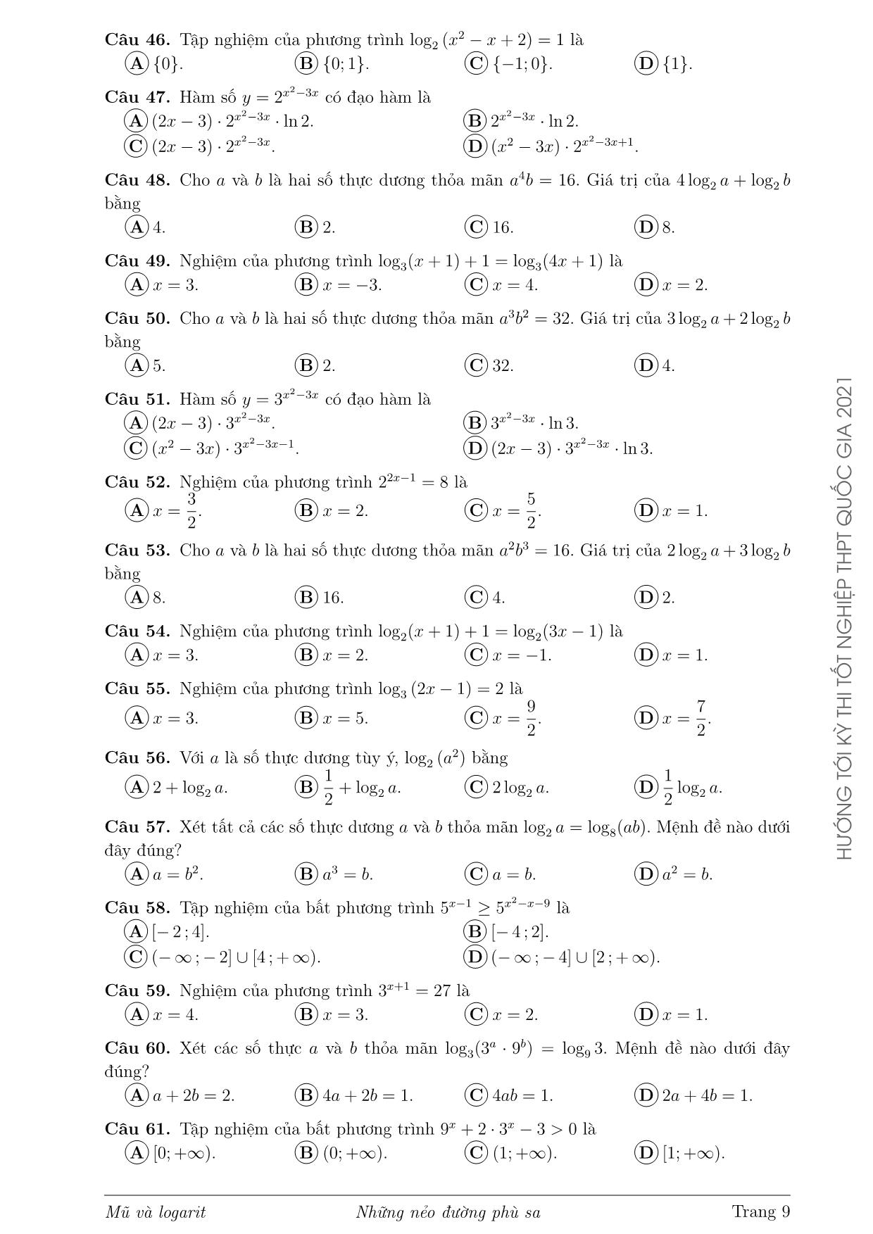 Tài liệu Mũ và logarit trong các đề thi Tốt nghiệp Trung học phổ thông Quốc gia và các đề thi thử từ năm 2017 đến 2020 trang 9