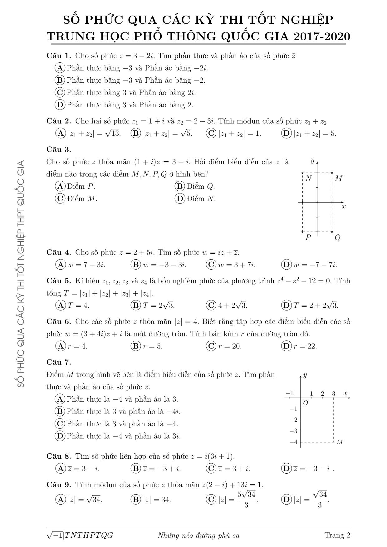 Tài liệu Số phức trong các đề thi Tốt nghiệp Trung phổ thông Quốc gia từ năm 2017 đến 2020 trang 2