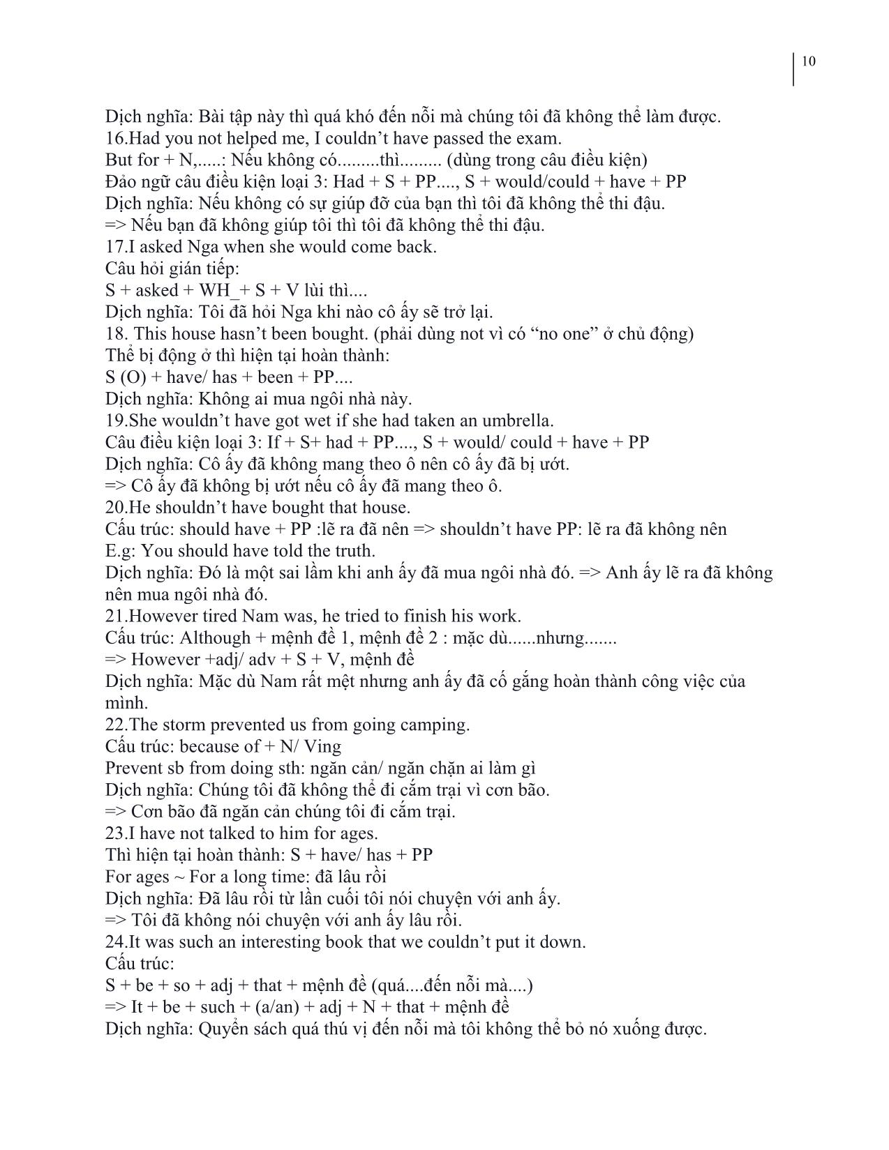 Trọn bộ công thức viết lại câu hay gặp trong đề thi THPT Quốc gia môn Tiếng Anh kèm 50 bài tập tự luyện có giải thích chi tiết trang 10