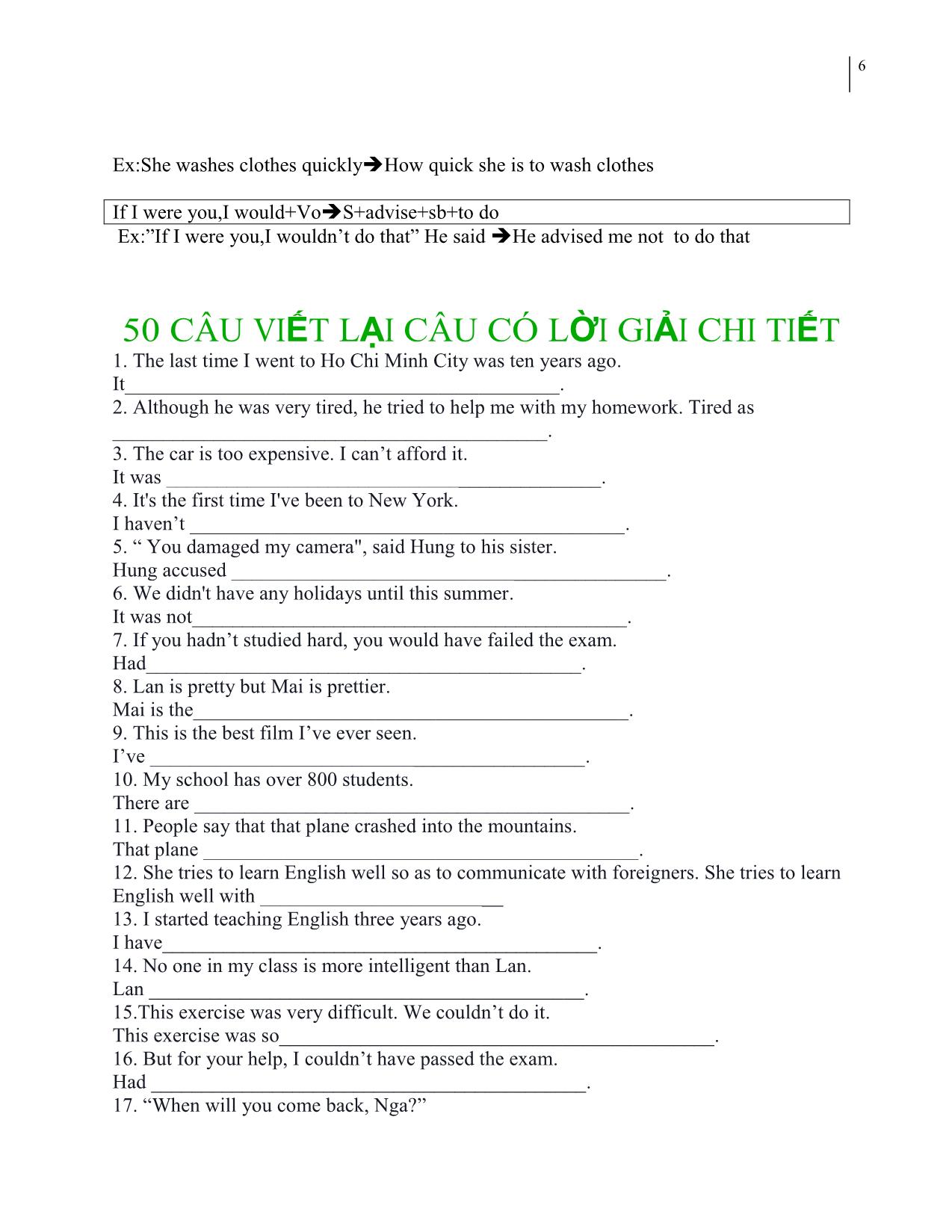 Trọn bộ công thức viết lại câu hay gặp trong đề thi THPT Quốc gia môn Tiếng Anh kèm 50 bài tập tự luyện có giải thích chi tiết trang 6