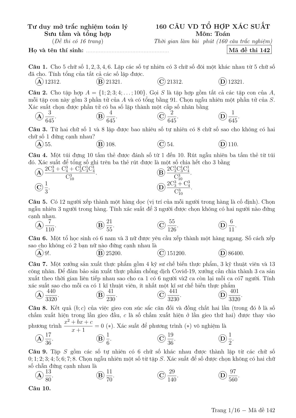 160 Câu trắc nghiệm Tổ hợp xác suất (Có đáp án) trang 1