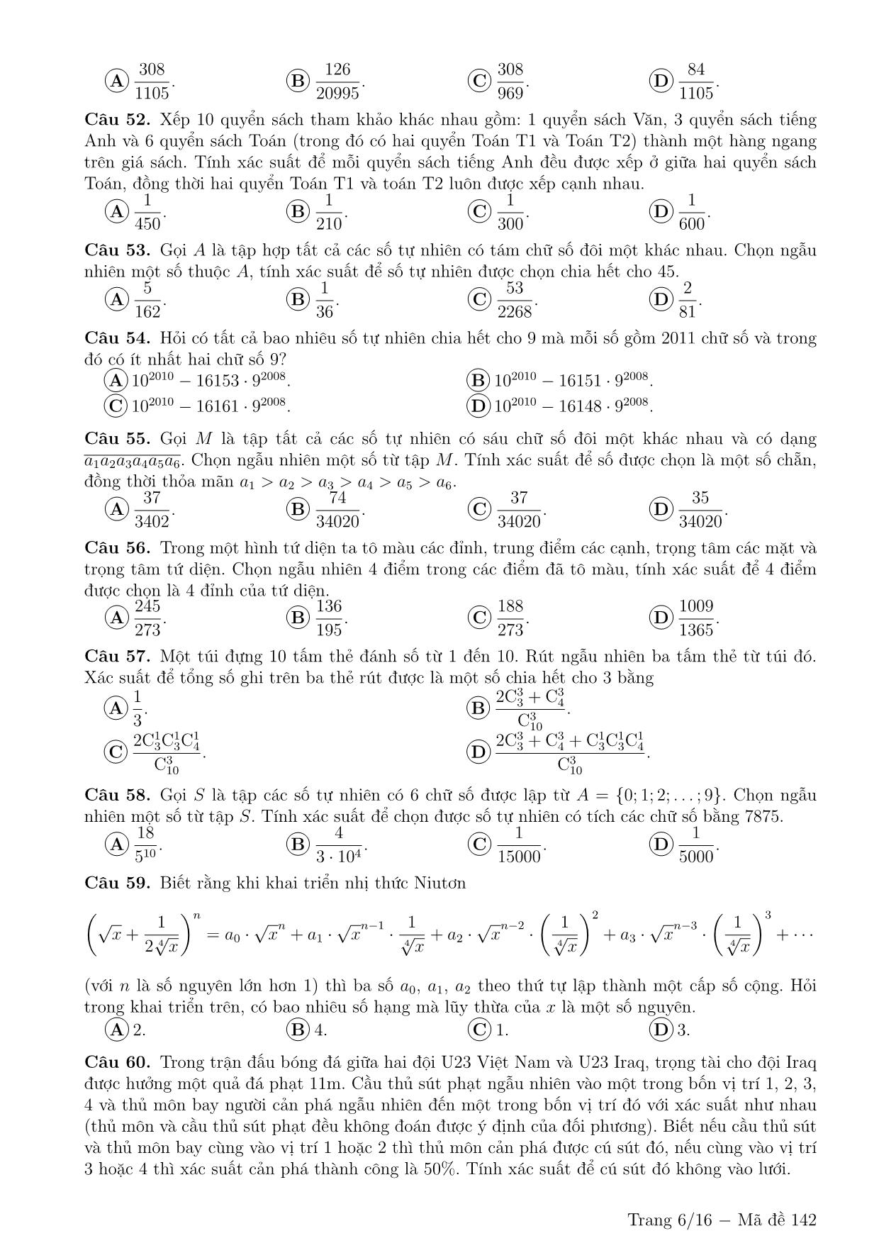 160 Câu trắc nghiệm Tổ hợp xác suất (Có đáp án) trang 6