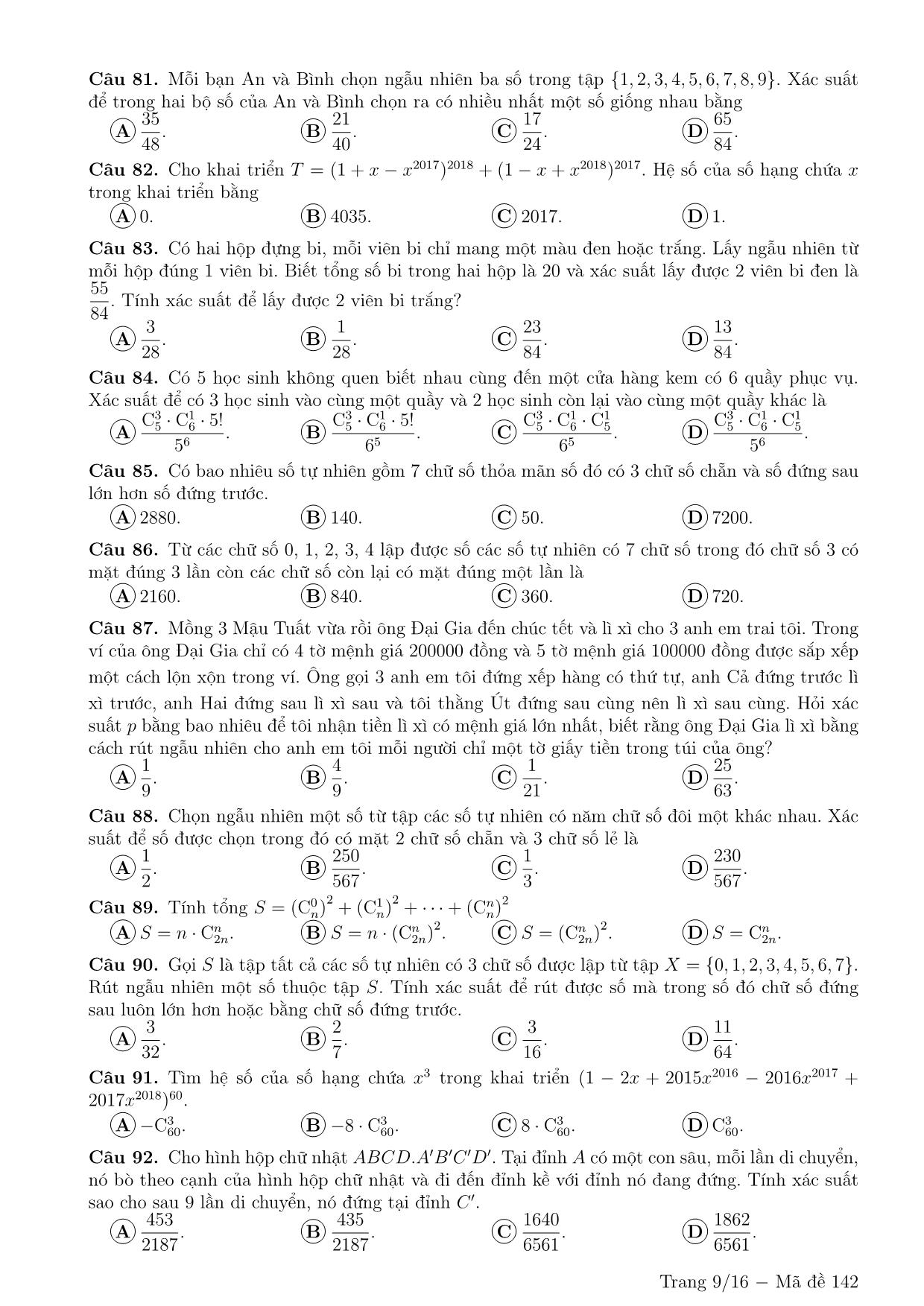 160 Câu trắc nghiệm Tổ hợp xác suất (Có đáp án) trang 9