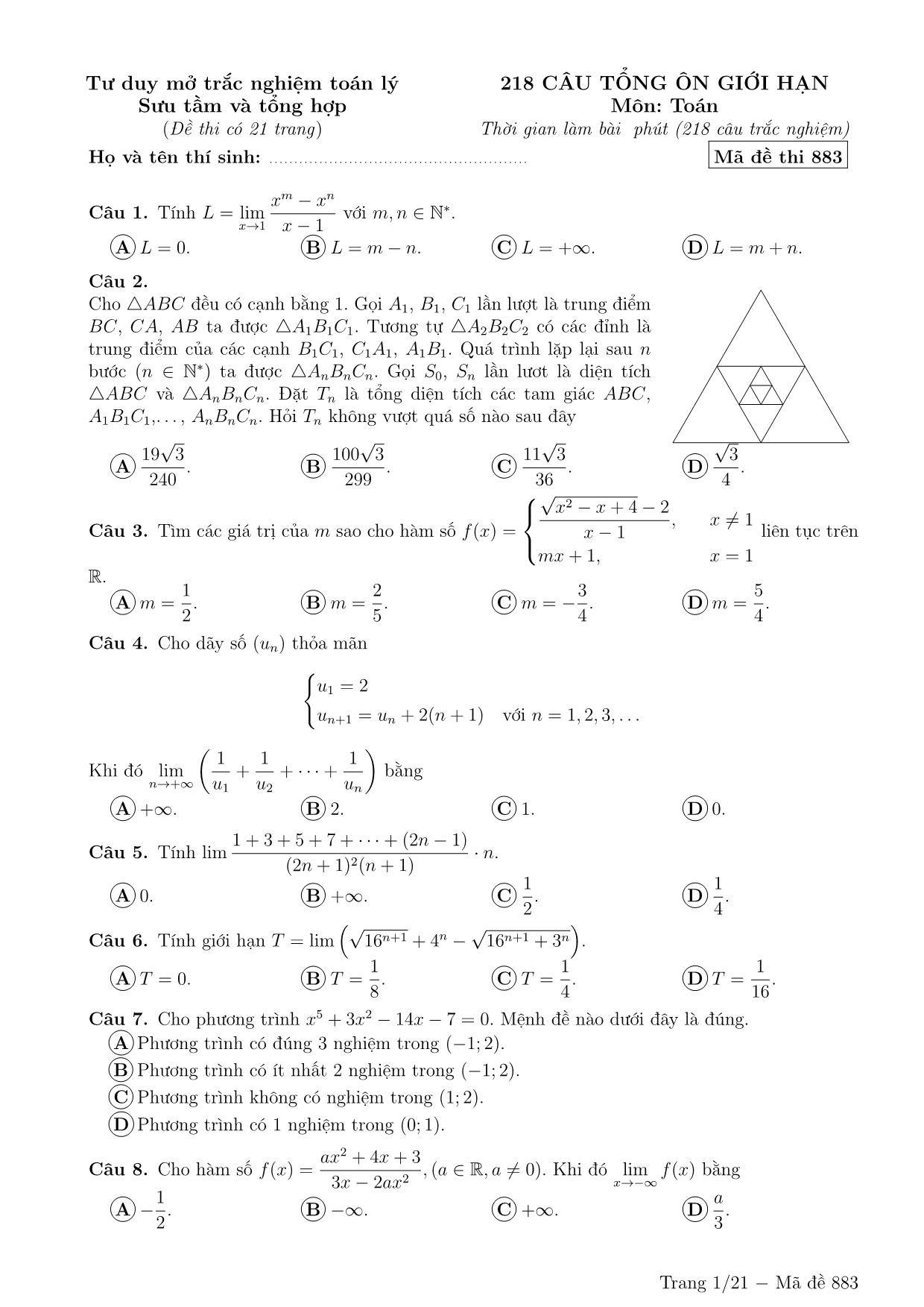218 Câu trắc nghiệm Giới hạn hàm số (Có đáp án) trang 1