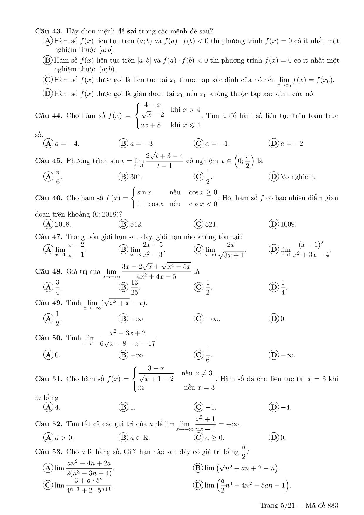 218 Câu trắc nghiệm Giới hạn hàm số (Có đáp án) trang 5
