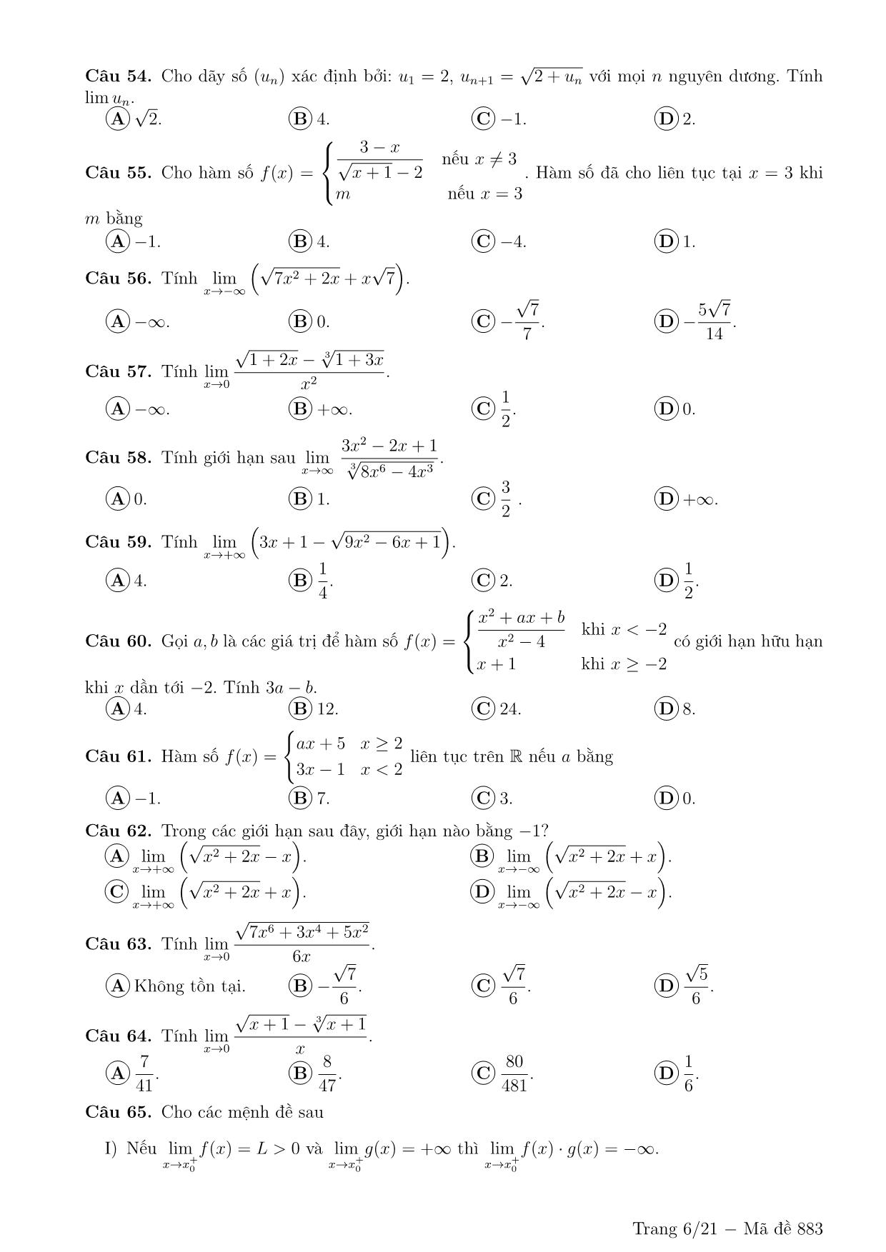 218 Câu trắc nghiệm Giới hạn hàm số (Có đáp án) trang 6