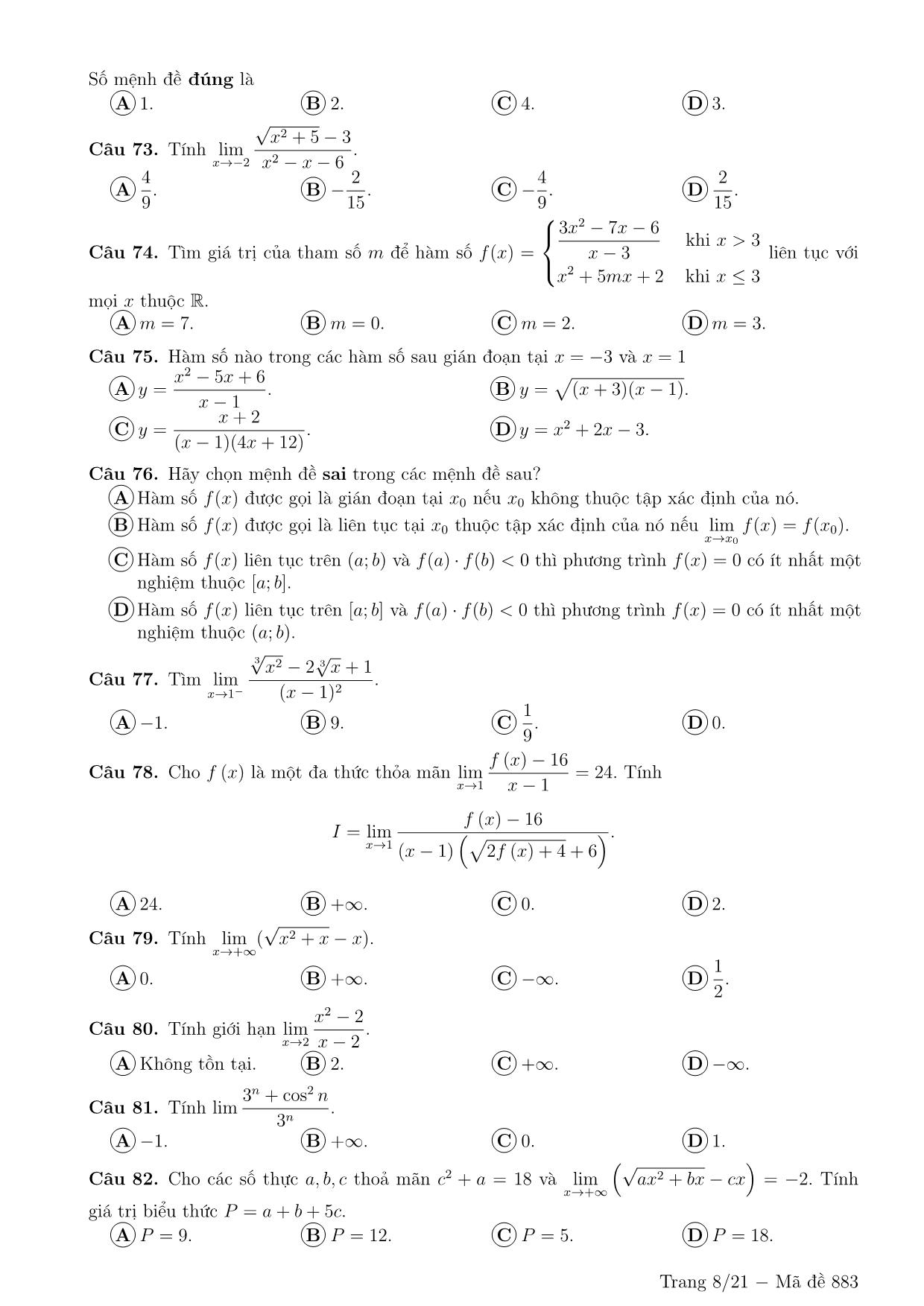 218 Câu trắc nghiệm Giới hạn hàm số (Có đáp án) trang 8