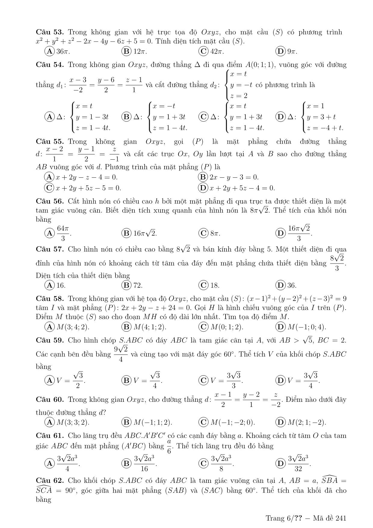 300 Câu trắc nghiệm ôn tập Hình học không gian (Có đáp án) trang 6