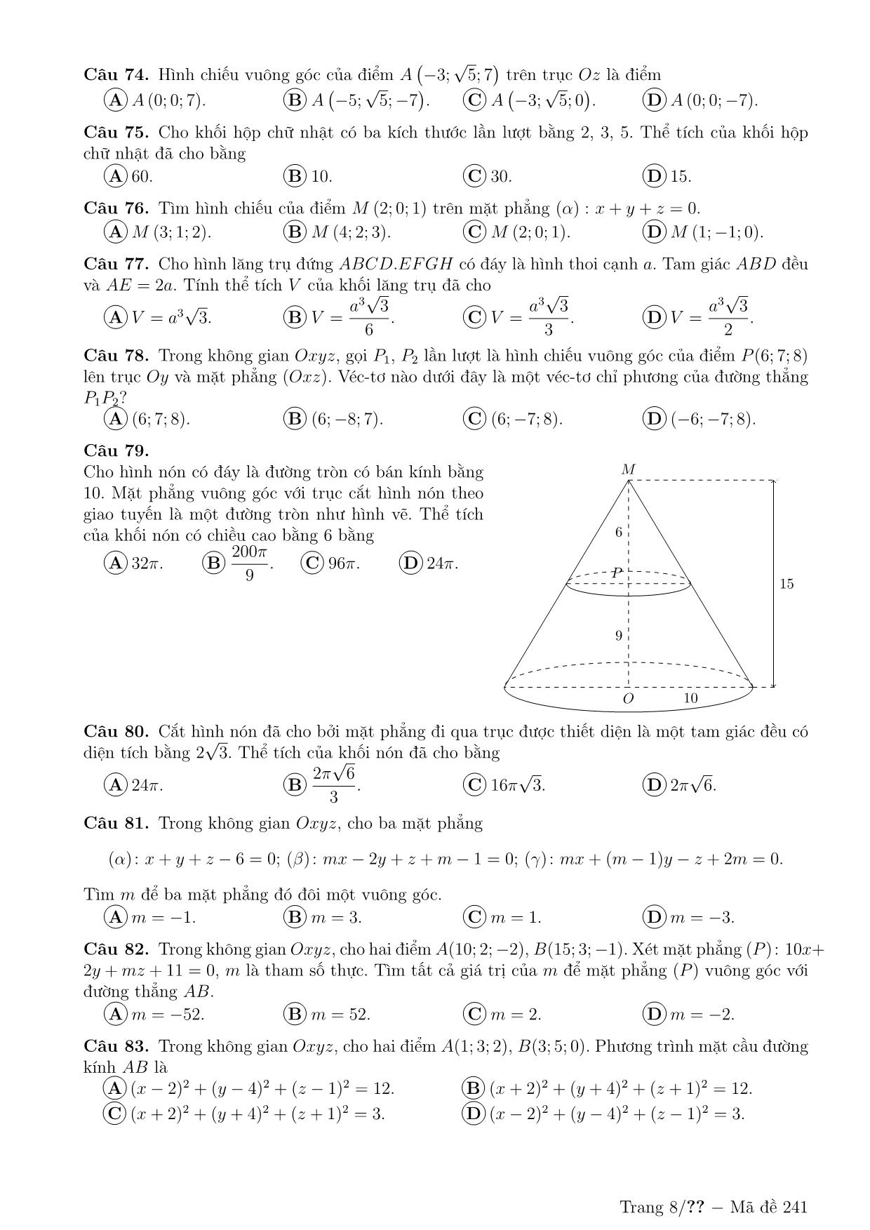 300 Câu trắc nghiệm ôn tập Hình học không gian (Có đáp án) trang 8
