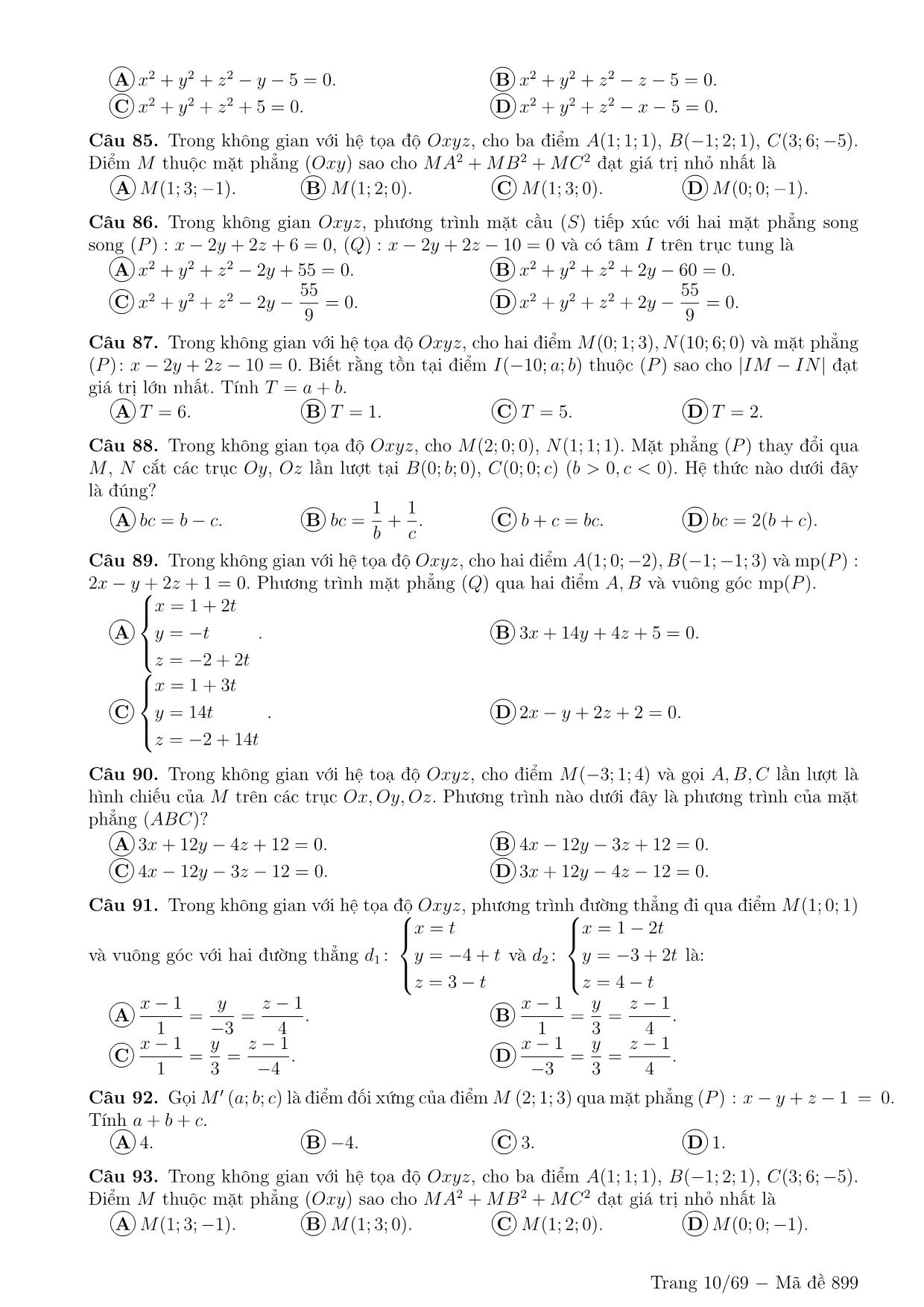 600 Câu trắc nghiệm ôn tập Hình học không gian Oxyz (Có đáp án) trang 10