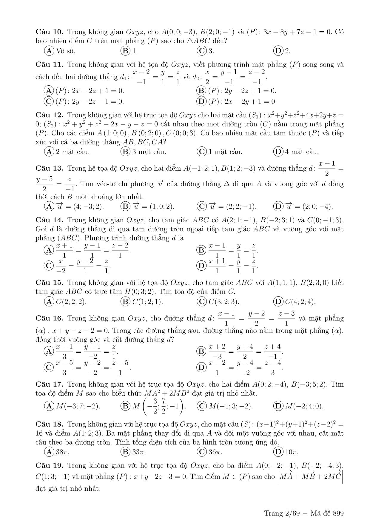 600 Câu trắc nghiệm ôn tập Hình học không gian Oxyz (Có đáp án) trang 2