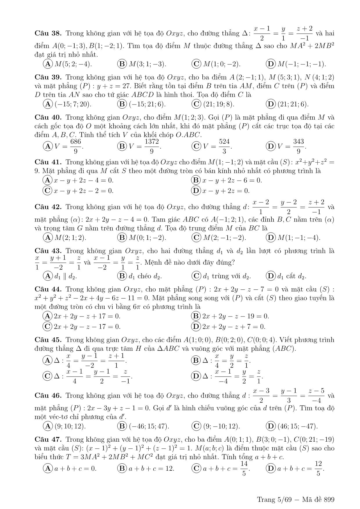 600 Câu trắc nghiệm ôn tập Hình học không gian Oxyz (Có đáp án) trang 5