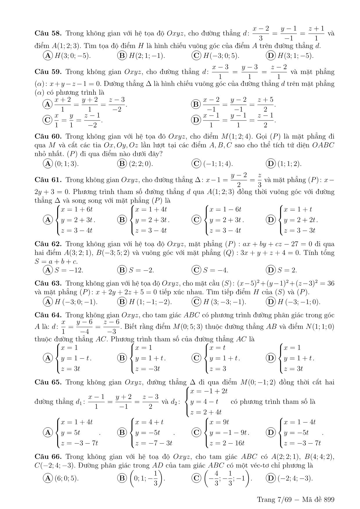600 Câu trắc nghiệm ôn tập Hình học không gian Oxyz (Có đáp án) trang 7