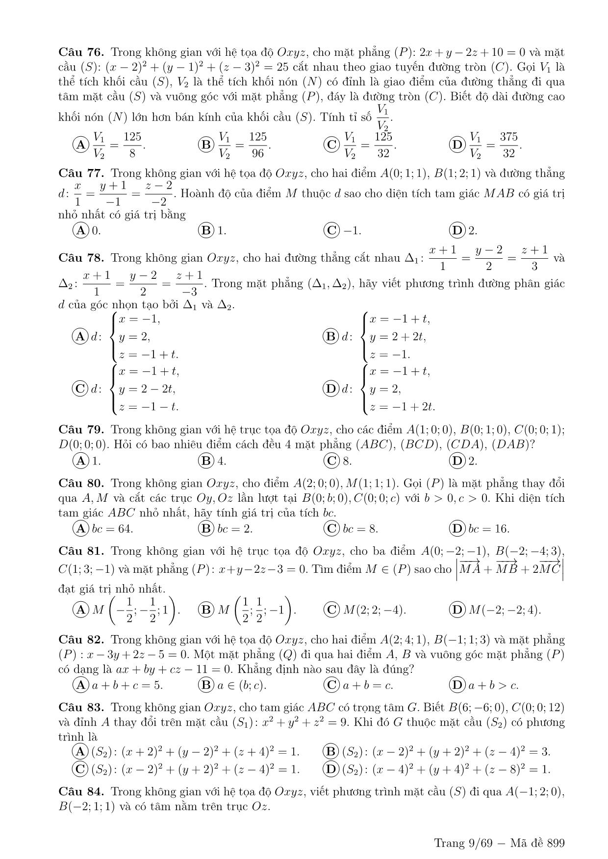 600 Câu trắc nghiệm ôn tập Hình học không gian Oxyz (Có đáp án) trang 9